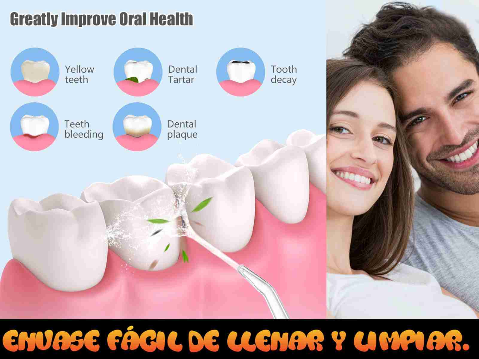 Diagrama de problemas dentales con una pareja sonriente. Incluye sangrado de encías, caries y placa.