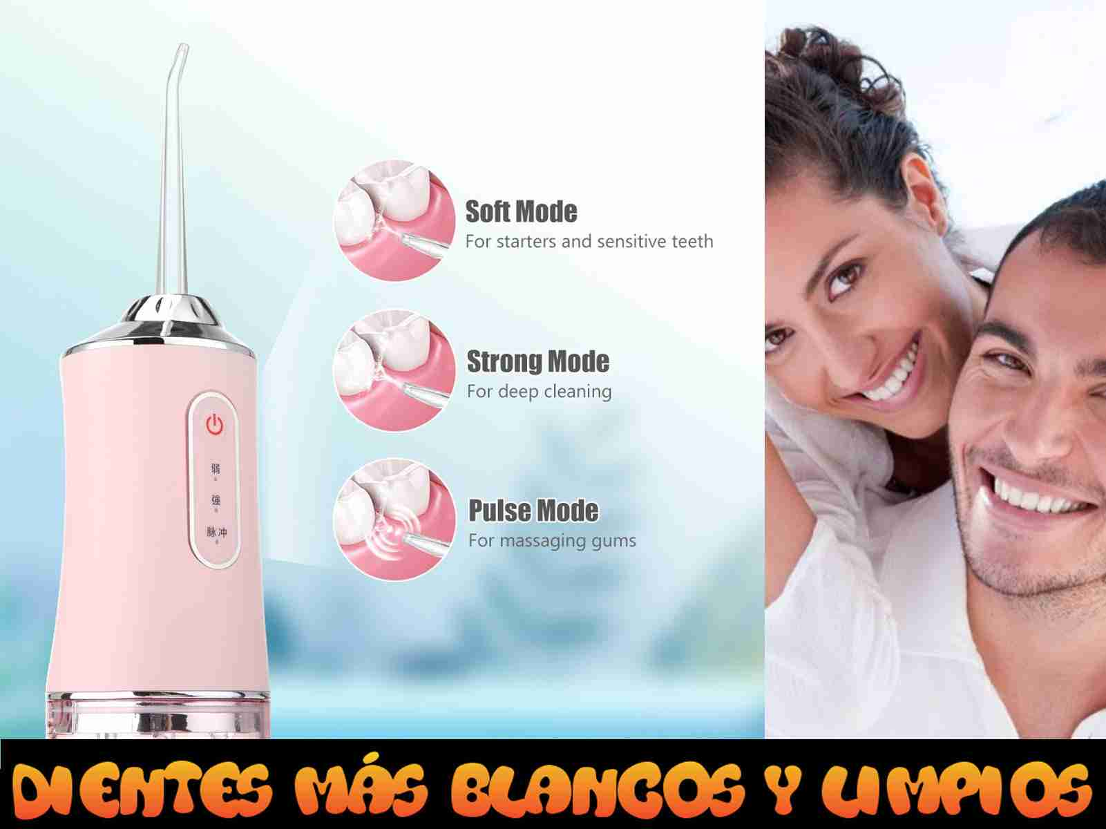 Un irrigador oral rosa con una pareja sonriendo al fondo. Se muestran los modos.