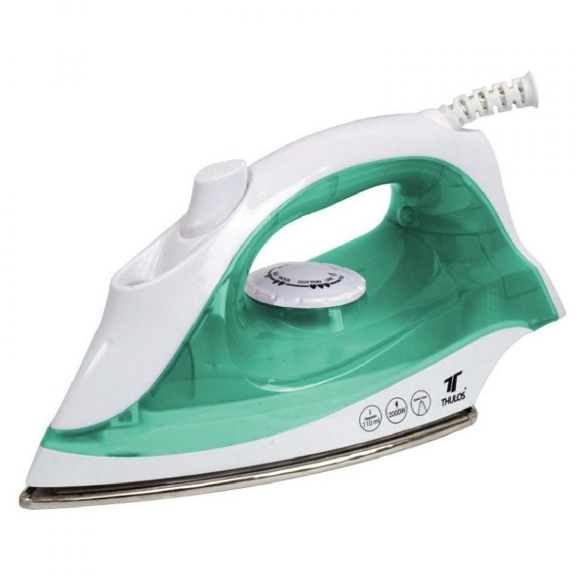 Un ferro da stiro bianco e verde con base argentata su sfondo bianco. Il ferro ha un manico e un quadrante.