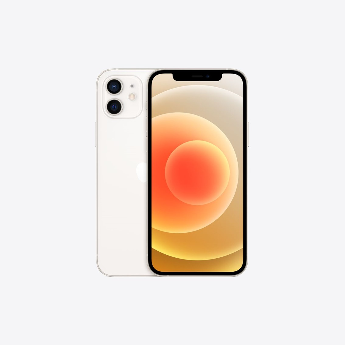 Dos iPhone 12 blancos, uno mostrando la pantalla frontal con fondo naranja y amarillo, y la parte trasera.