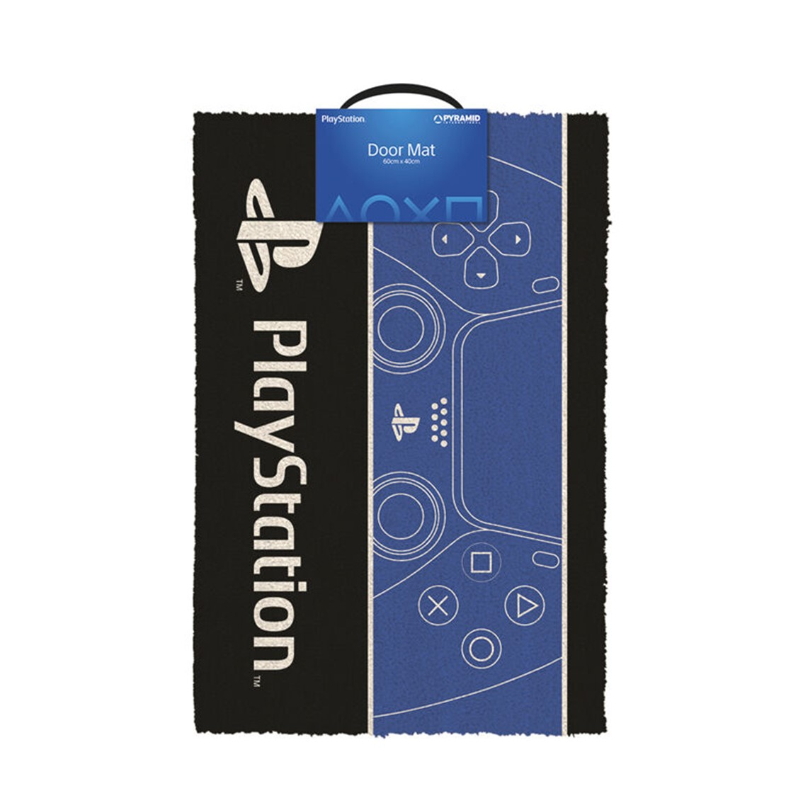 Tappeto per porta PlayStation con design del controller e logo PlayStation. Colori blu e nero.
