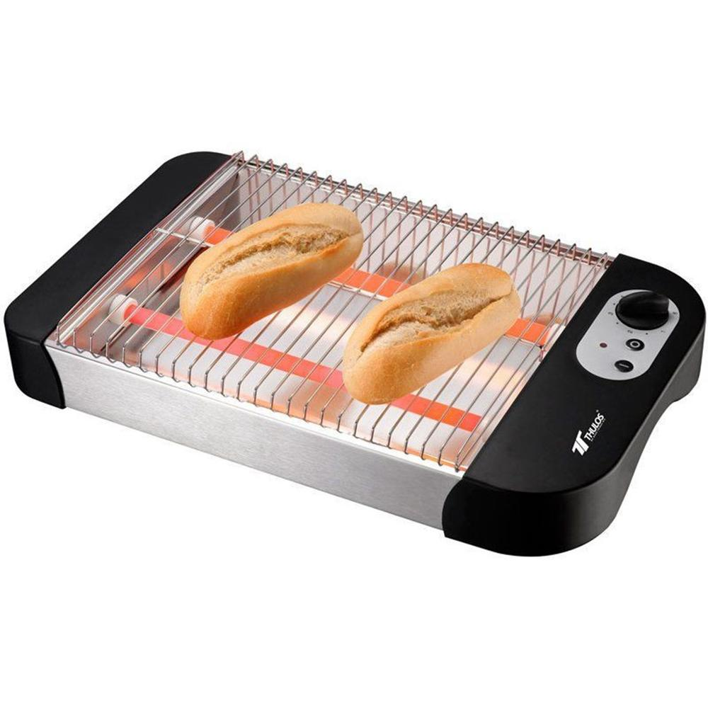 Forno tostapane con due panini. Nero e argento, con comandi laterali.