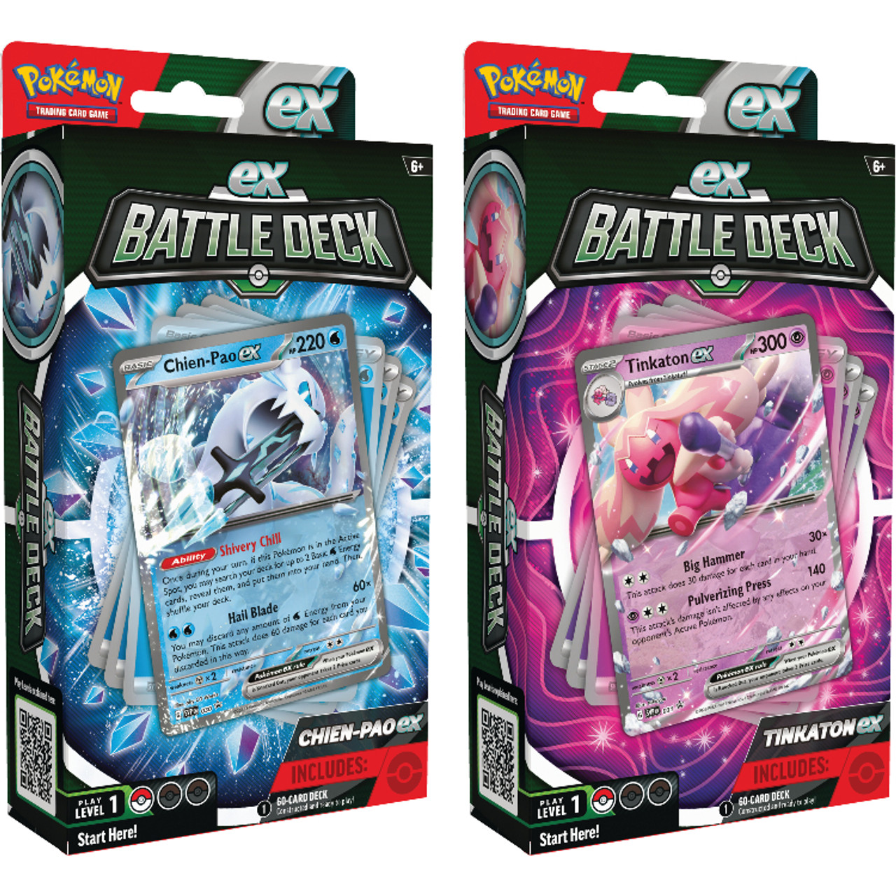 Dos mazos de batalla del juego de cartas coleccionables Pokémon con Chien-Pao ex y Tinkaton ex en sus paquetes.