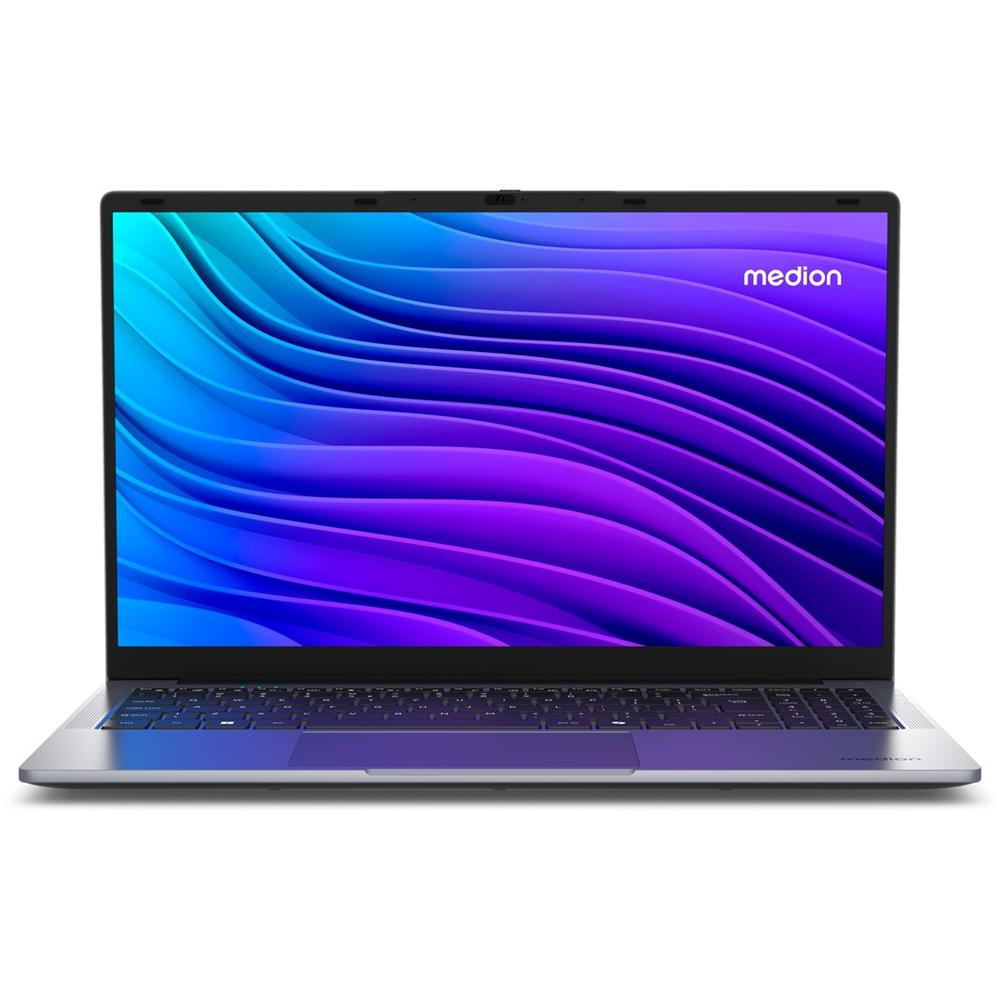 Laptop Medion con pantalla degradada azul y morada vibrante, abierto, sobre fondo blanco.