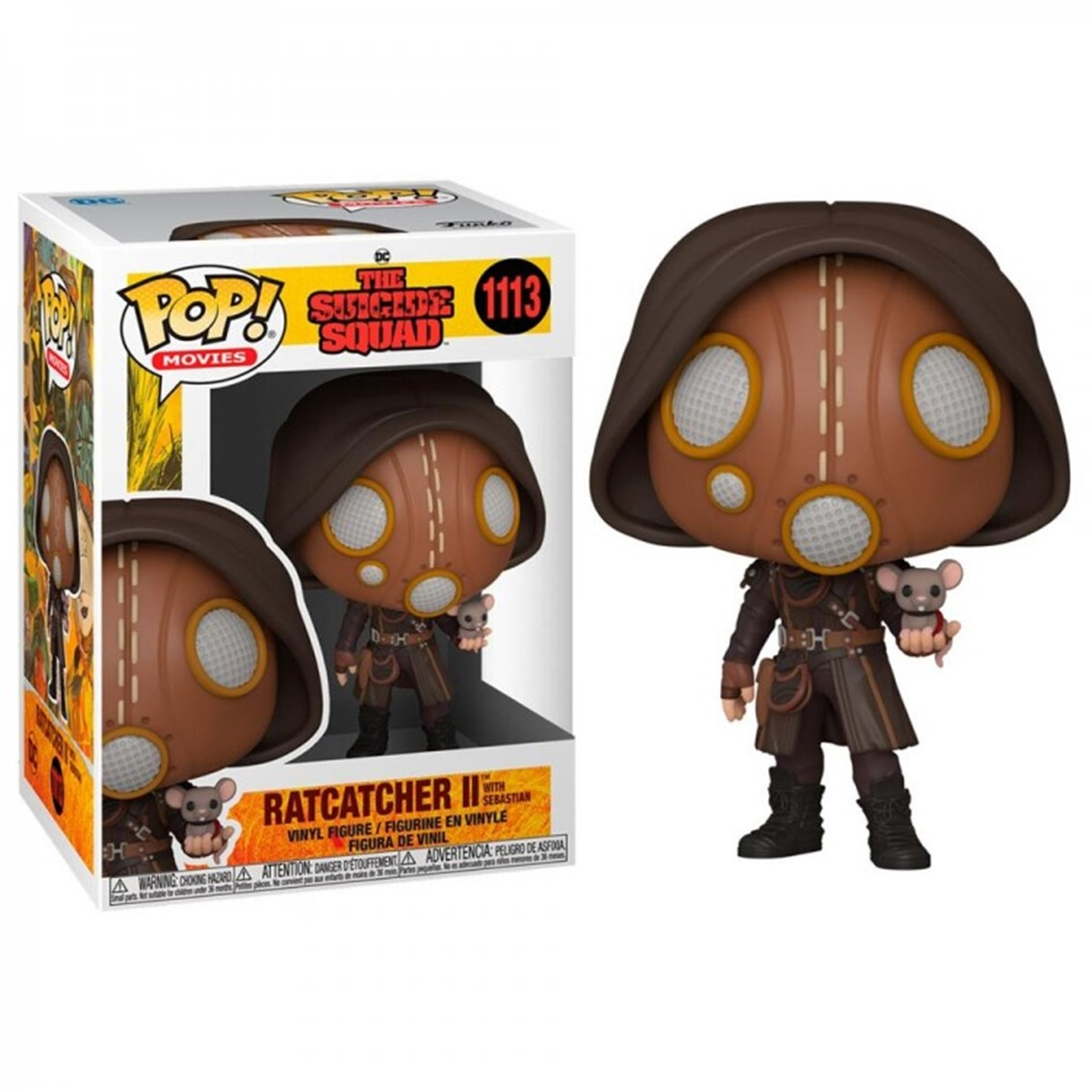 Figura Pop de Ratcatcher II con caja, sosteniendo un ratón, con fondo blanco.