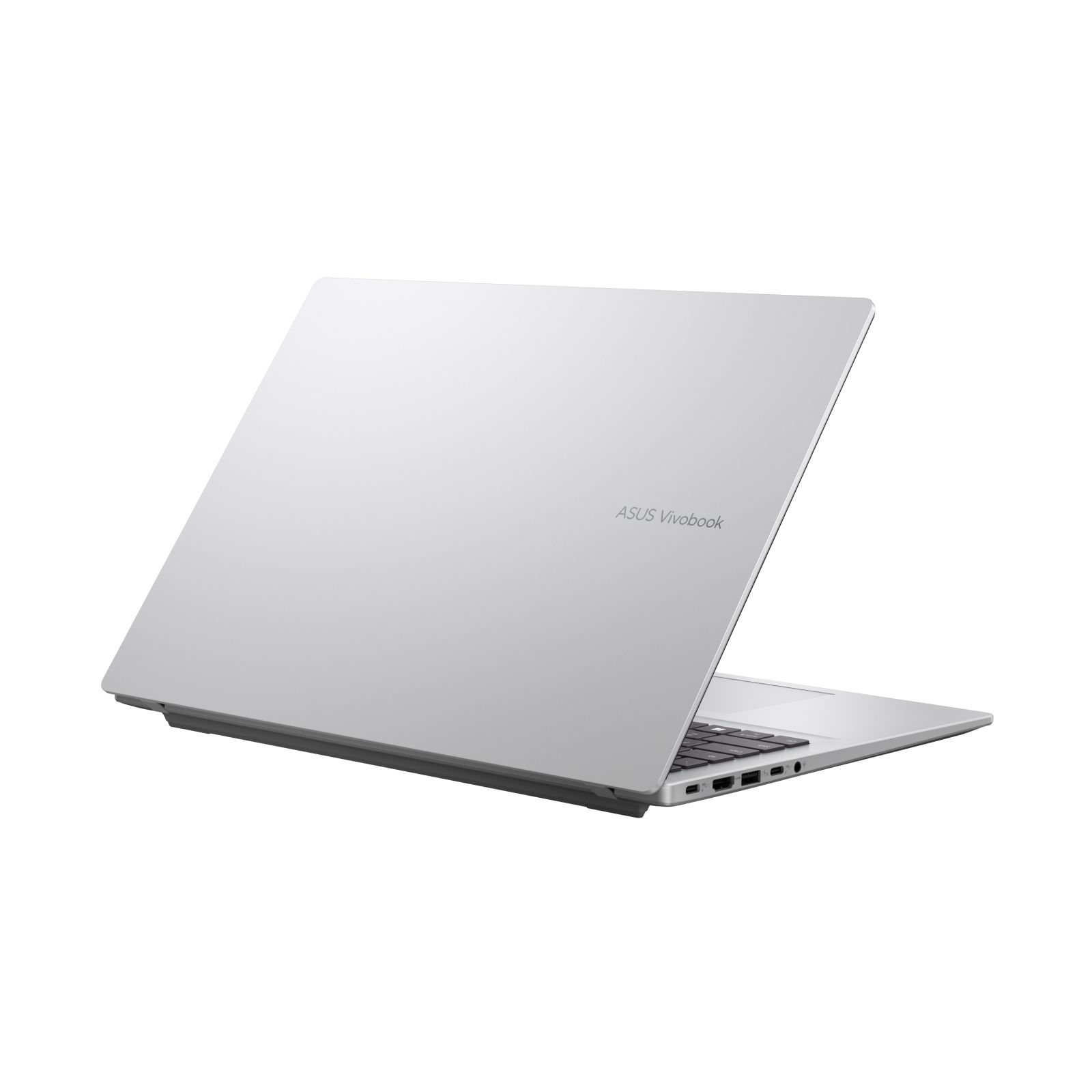 Widok z tyłu srebrnego laptopa ASUS Vivobook, pokazujący nazwę marki i mechanizm zawiasów.
