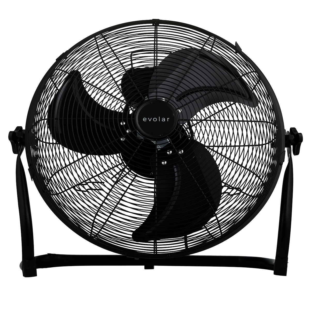 Un ventilatore da pavimento Evolar nero con una gabbia metallica e tre pale è centrato su uno sfondo nero.