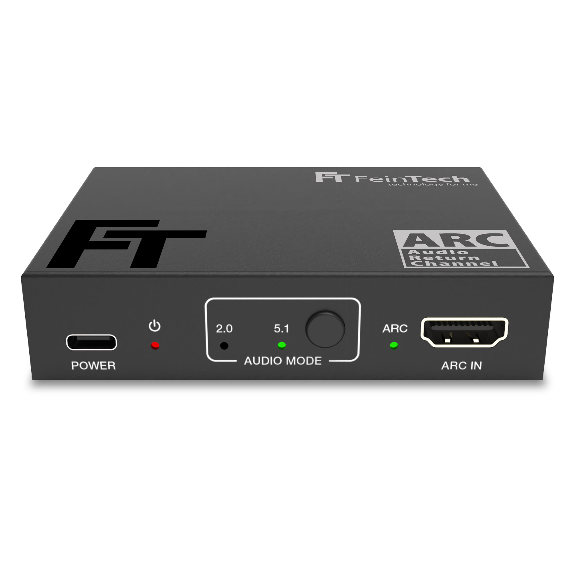 Eine schwarze FeinTech-Box zeigt Anschlüsse, Knöpfe und Beschriftungen für Strom, Audio-Modus und ARC-Eingang auf weißem Hintergrund.