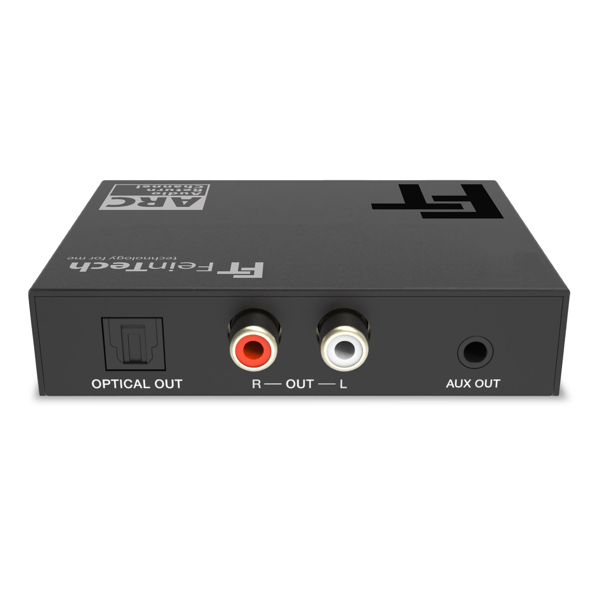 Die Rückseite einer schwarzen FeinTech-Box zeigt Anschlüsse mit der Bezeichnung Optical Out, R Out L und Aux Out auf weißem Hintergrund.