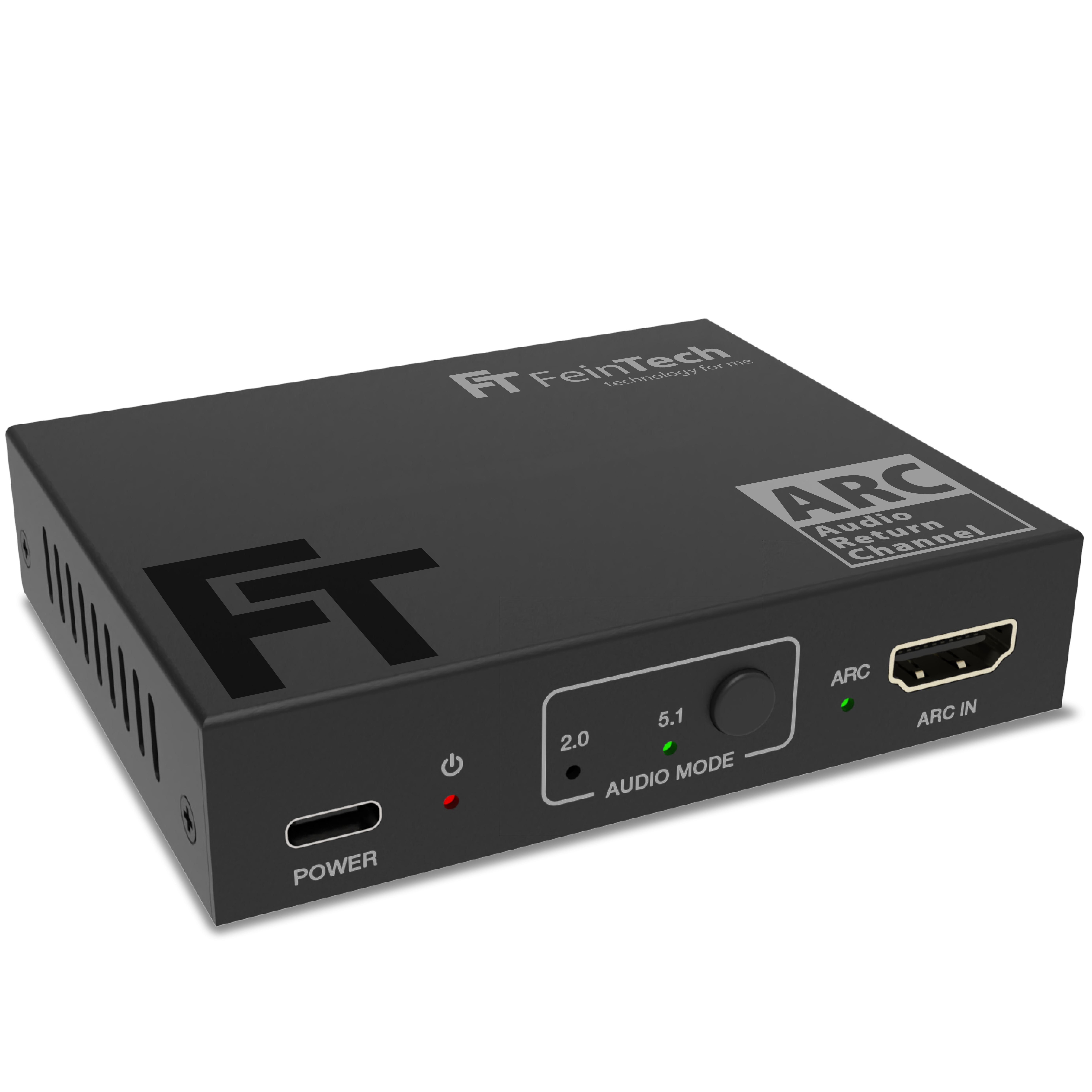 Eine schwarze FeinTech-Box zeigt Anschlüsse und Beschriftungen für Strom, Audiomodus und ARC-Eingang vor einem dunklen Hintergrund.