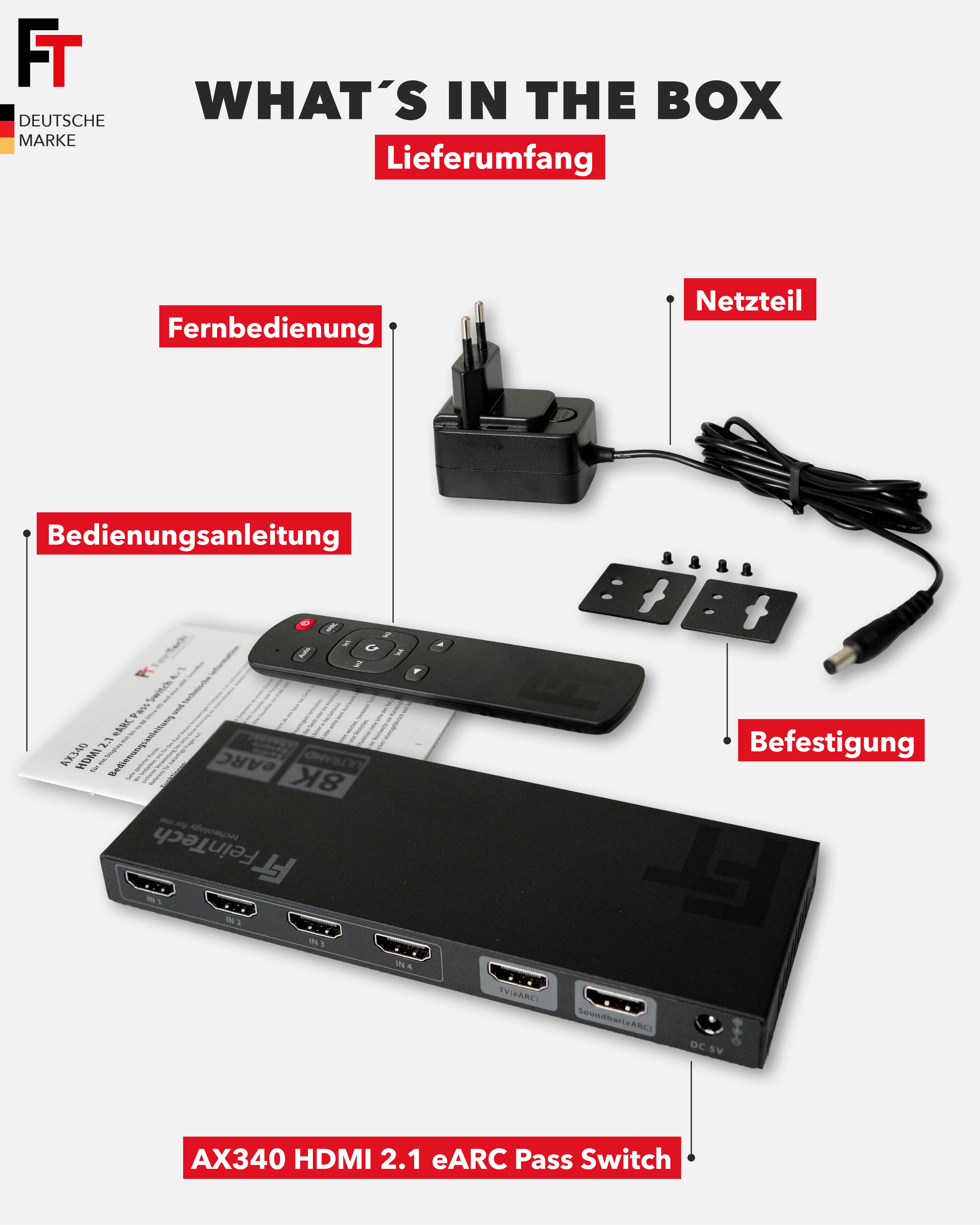 Eine Anordnung zeigt den Inhalt einer Box, darunter einen Switch, eine Fernbedienung, ein Netzteil und ein Handbuch auf weißem Hintergrund.
