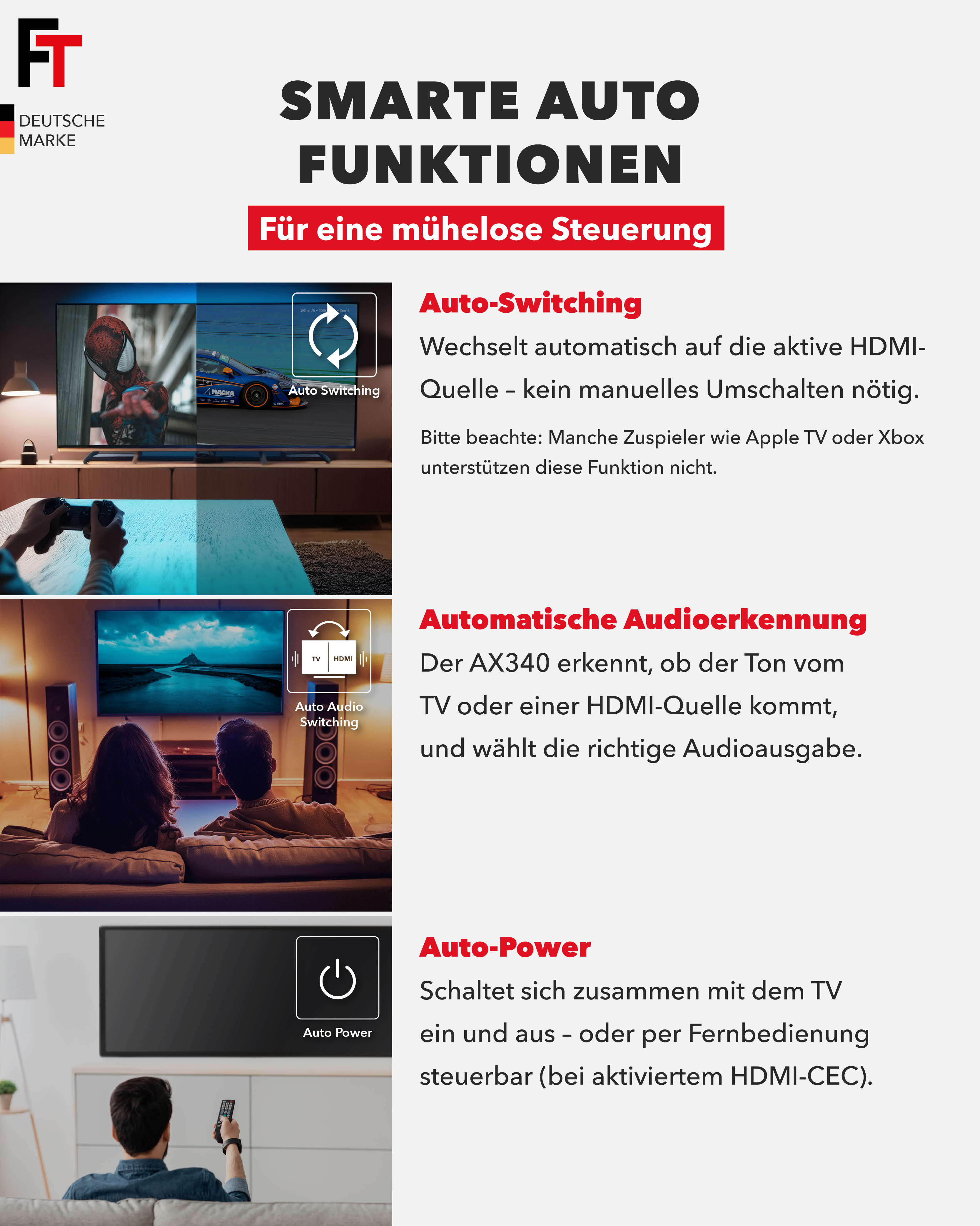 Das Bild hebt intelligente Auto-Funktionen hervor, darunter Auto-Switching, Audioerkennung und Leistungssteuerung für eine einfache Bedienung.