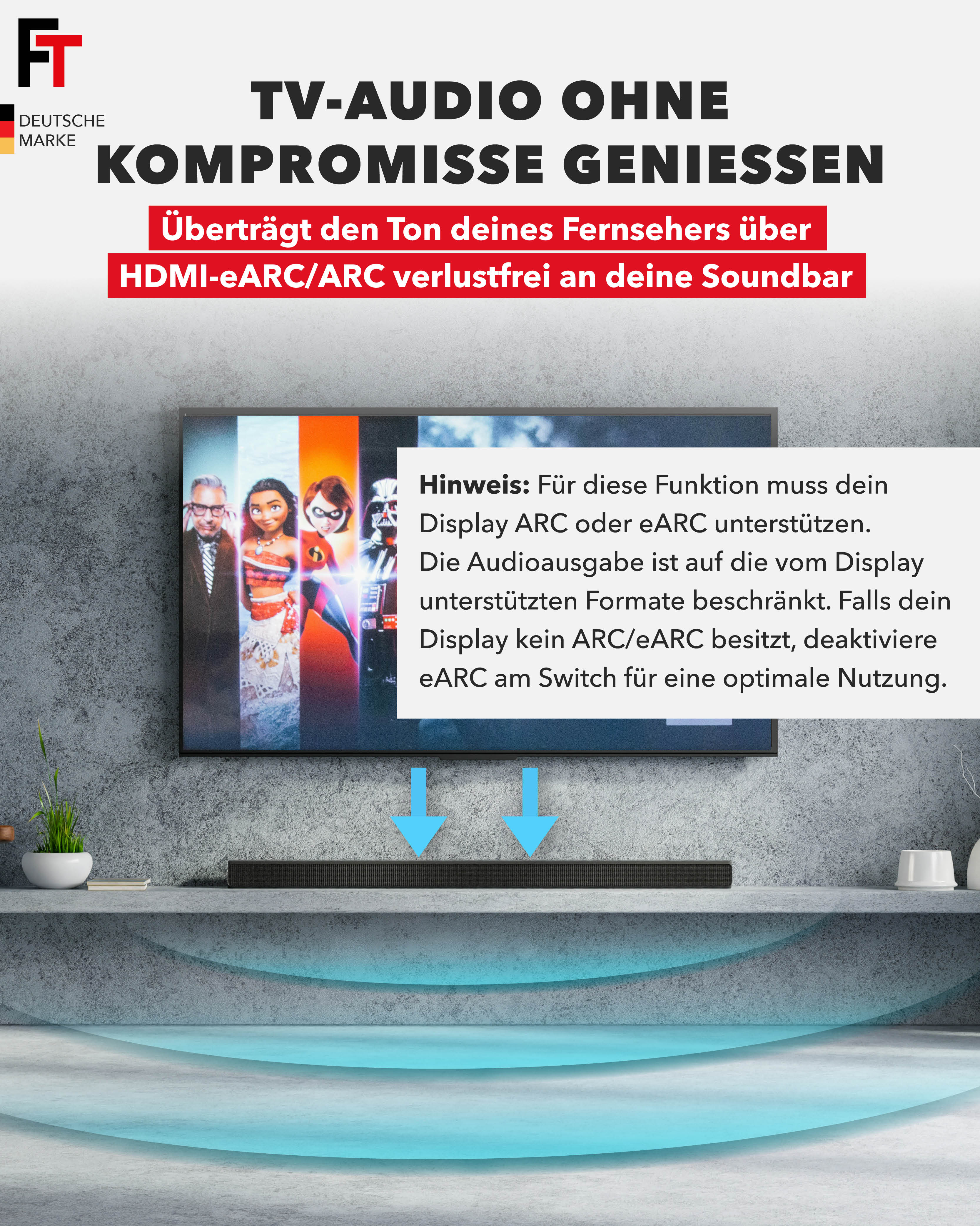 Das Bild wirbt für TV-Audio ohne Kompromisse und hebt HDMI-eARC/ARC verlustfreien Klang zu einer Soundbar hervor.