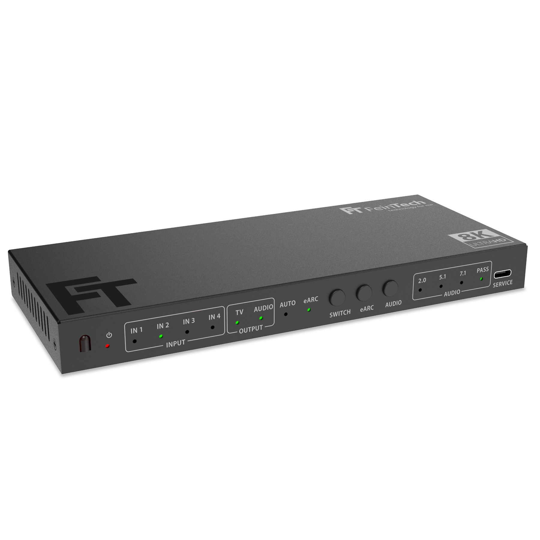 Ein schwarzer FeinTech-Switch mit Eingangs-/Ausgangsanschlüssen und Kontrollleuchten für Audioeinstellungen auf weißem Hintergrund.