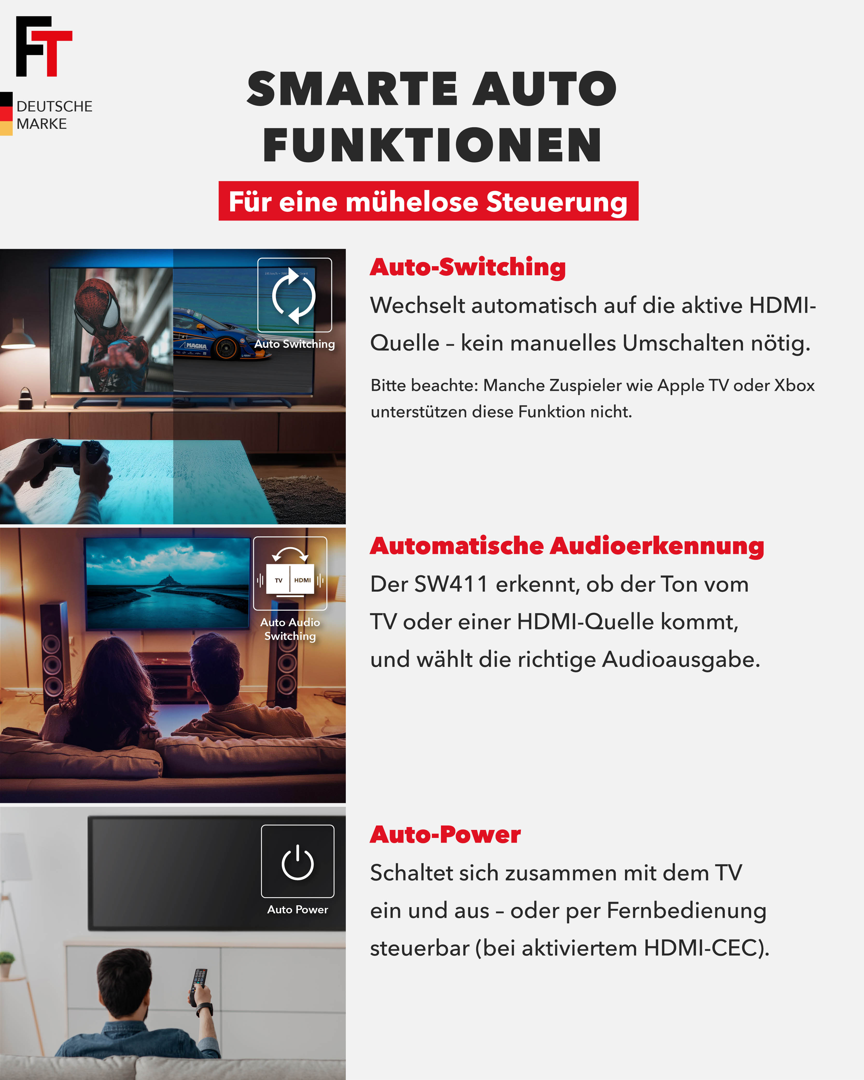 Drei Bilder, die die automatischen Funktionen zeigen: Auto-Switching, automatische Audioerkennung und Auto-Power.