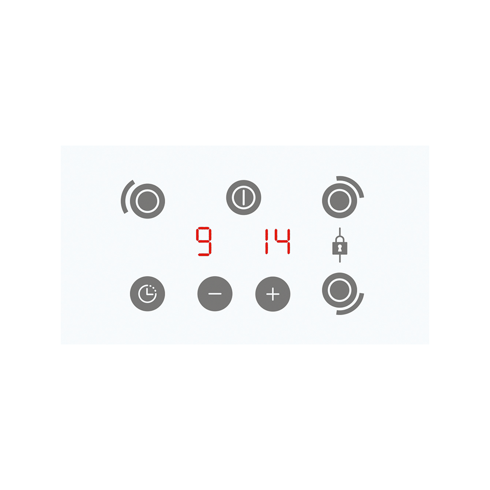Zbliżenie białego panelu sterowania płyty indukcyjnej z czerwonymi wyświetlaczami cyfrowymi i dotykowymi elementami sterującymi.