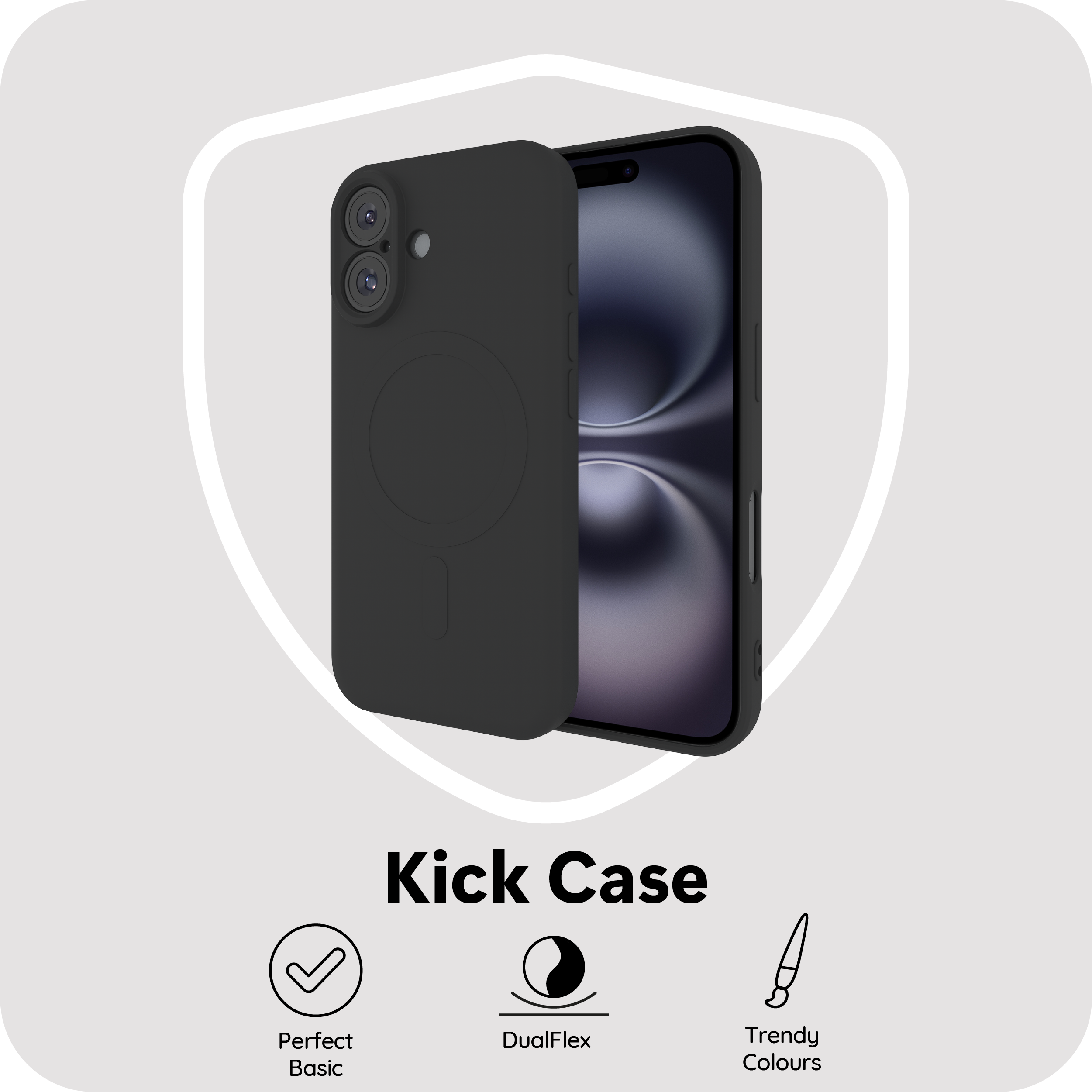 Eine schwarze Handyhülle mit modernem Design und trendigen Farben wird vor einem grauen Hintergrund gezeigt.