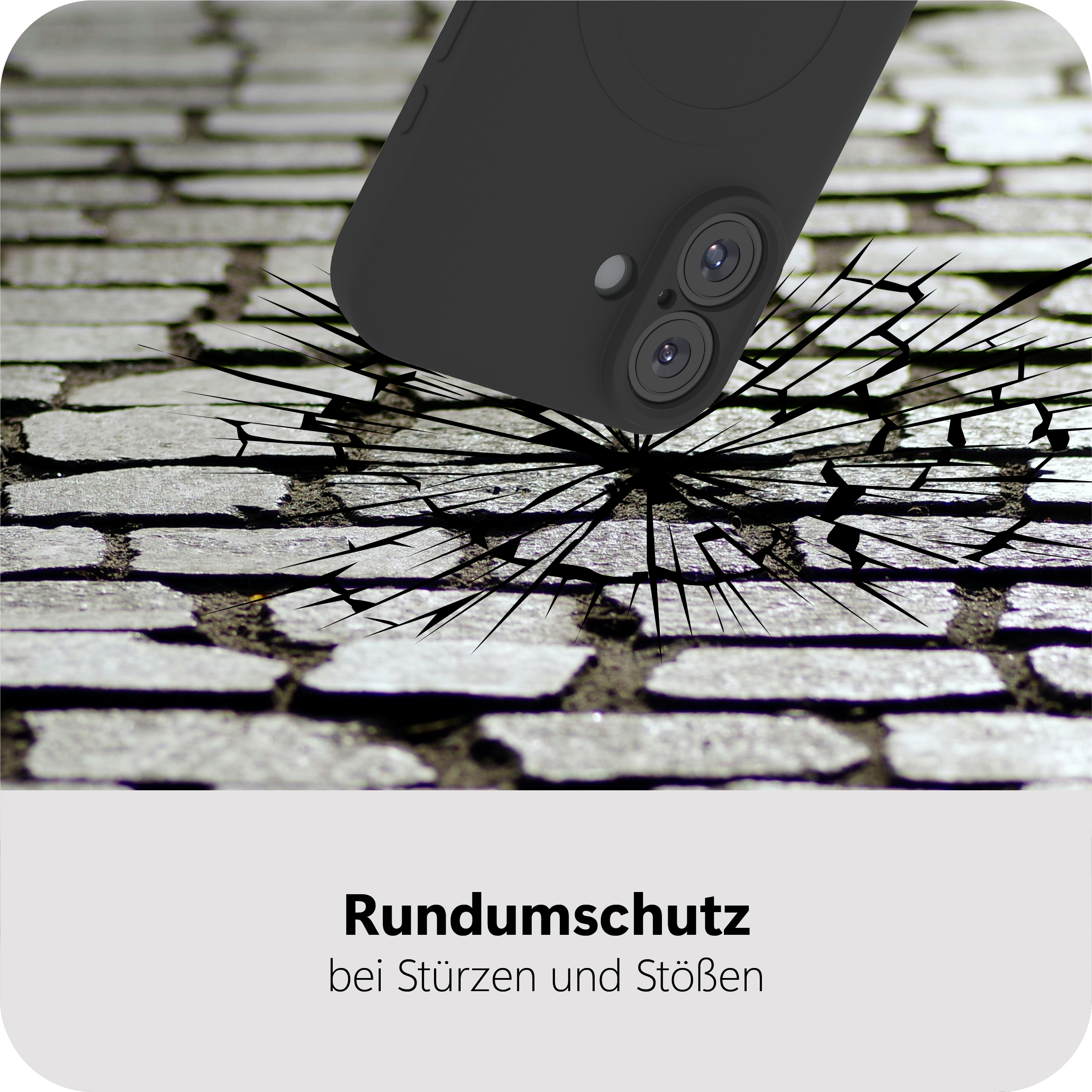 Eine schwarze Handyhülle schützt vor Stößen, gezeigt über rissigem Pflaster, und bietet Rundumschutz.