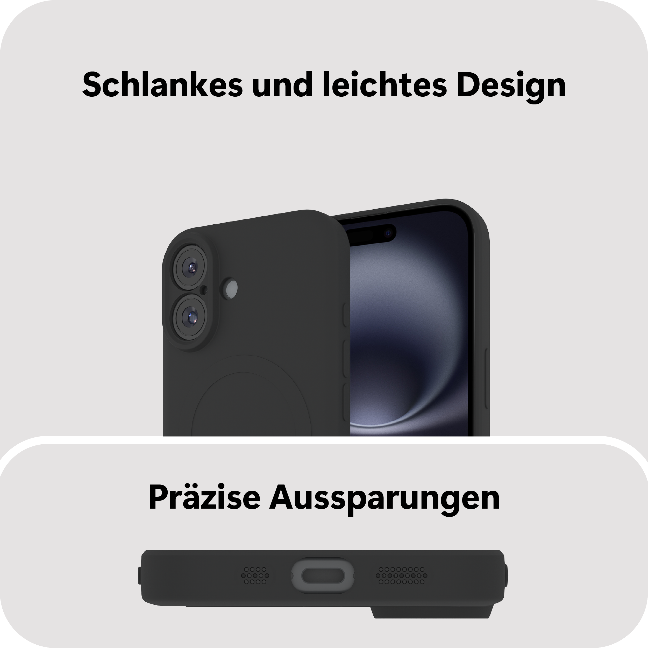 Eine schlanke schwarze Handyhülle mit präzisen Aussparungen zeigt ein elegantes und leichtes Design für den Schutz.