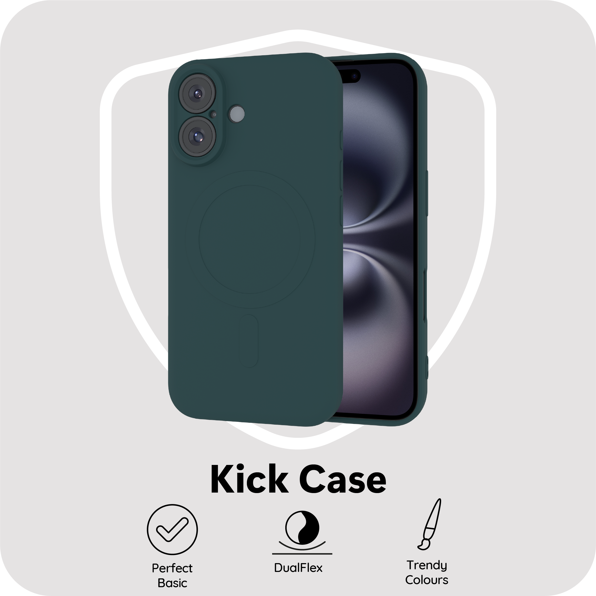 Ein dunkelgrünes Kick Case für das iPhone wird gezeigt, das seine Funktionen und sein Design hervorhebt.