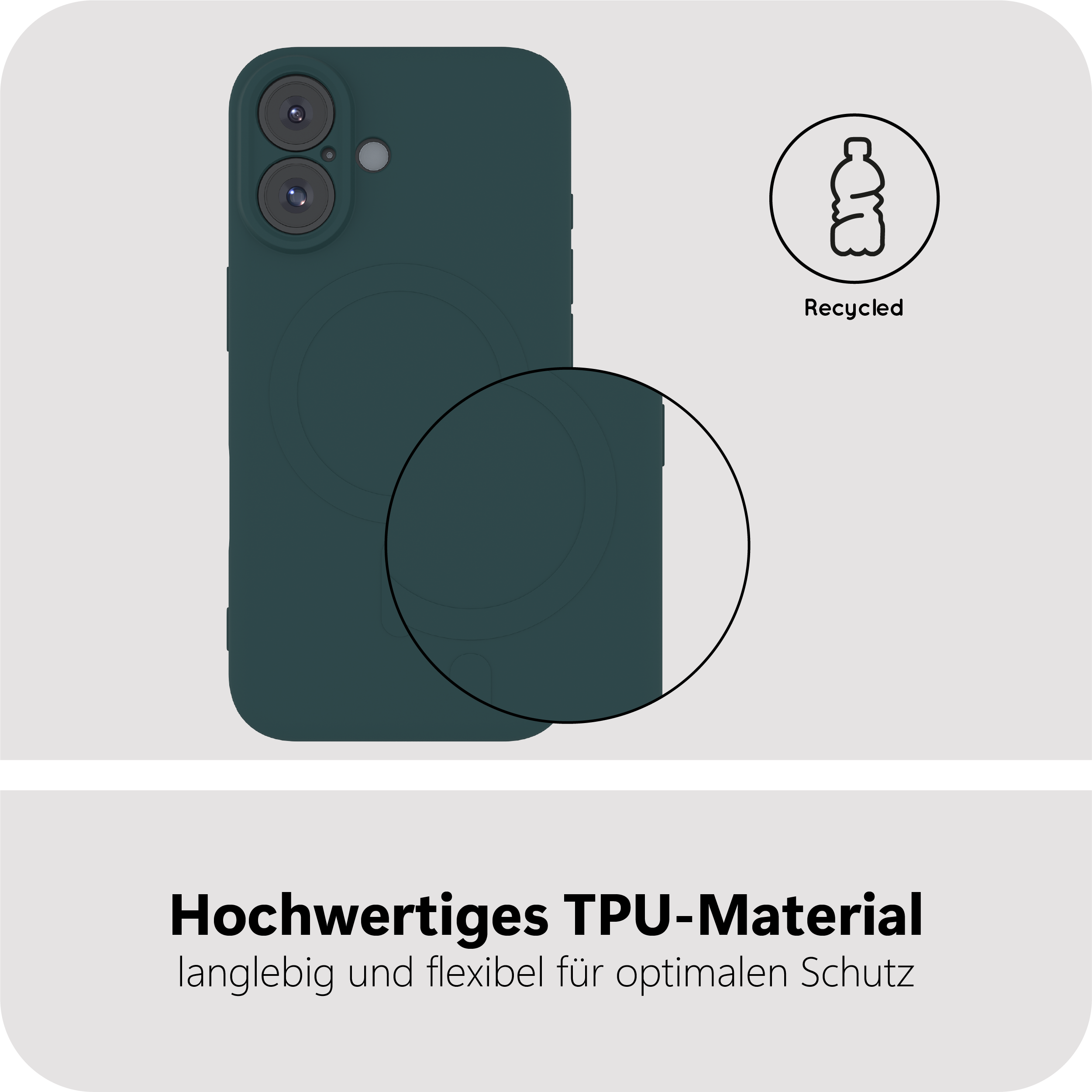 Ein dunkelgrünes Kick Case für das iPhone wird gezeigt, das sein recyceltes TPU-Material hervorhebt.