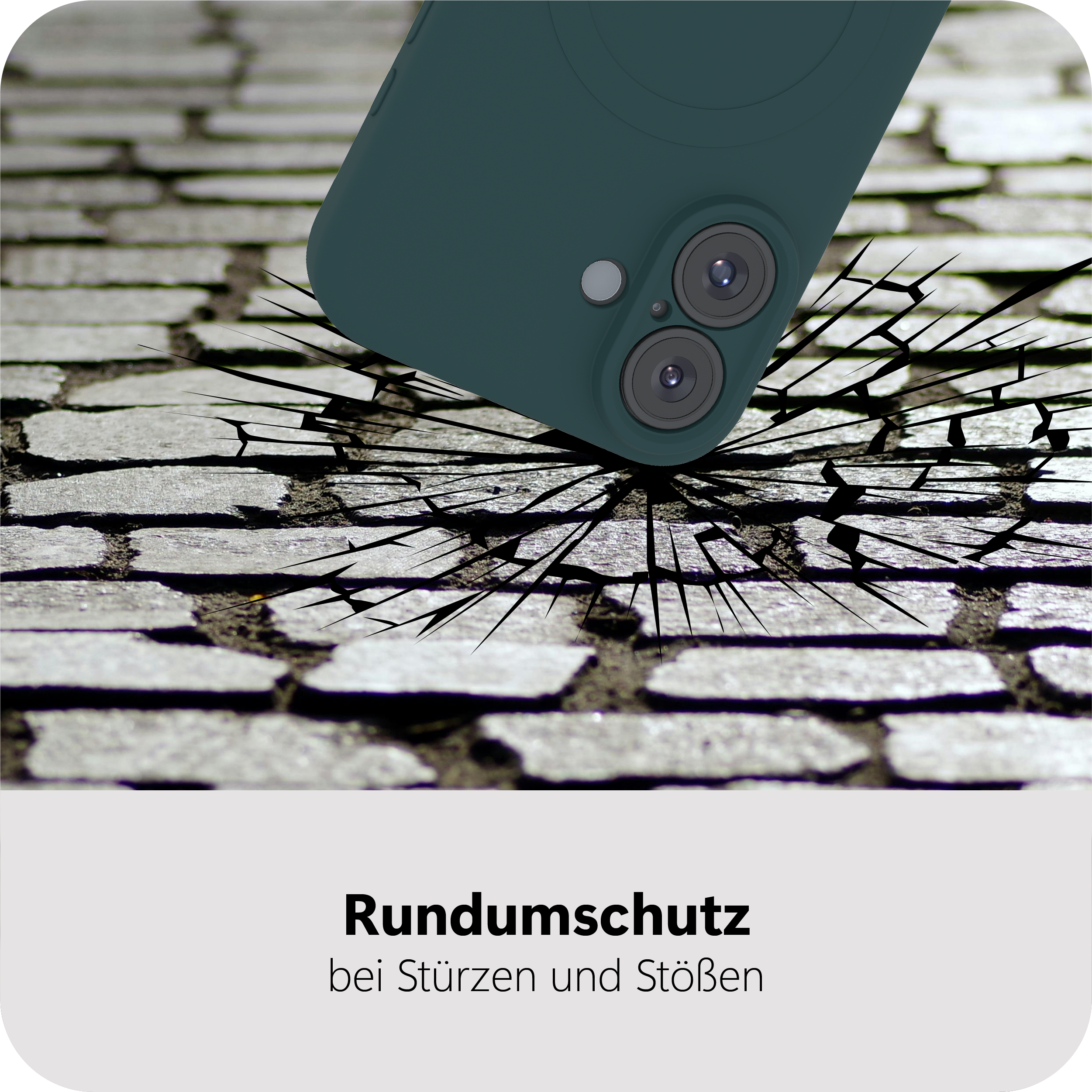 Ein dunkelgrünes Kick Case für das iPhone wird gezeigt, das seinen Schutz vor Stößen hervorhebt.