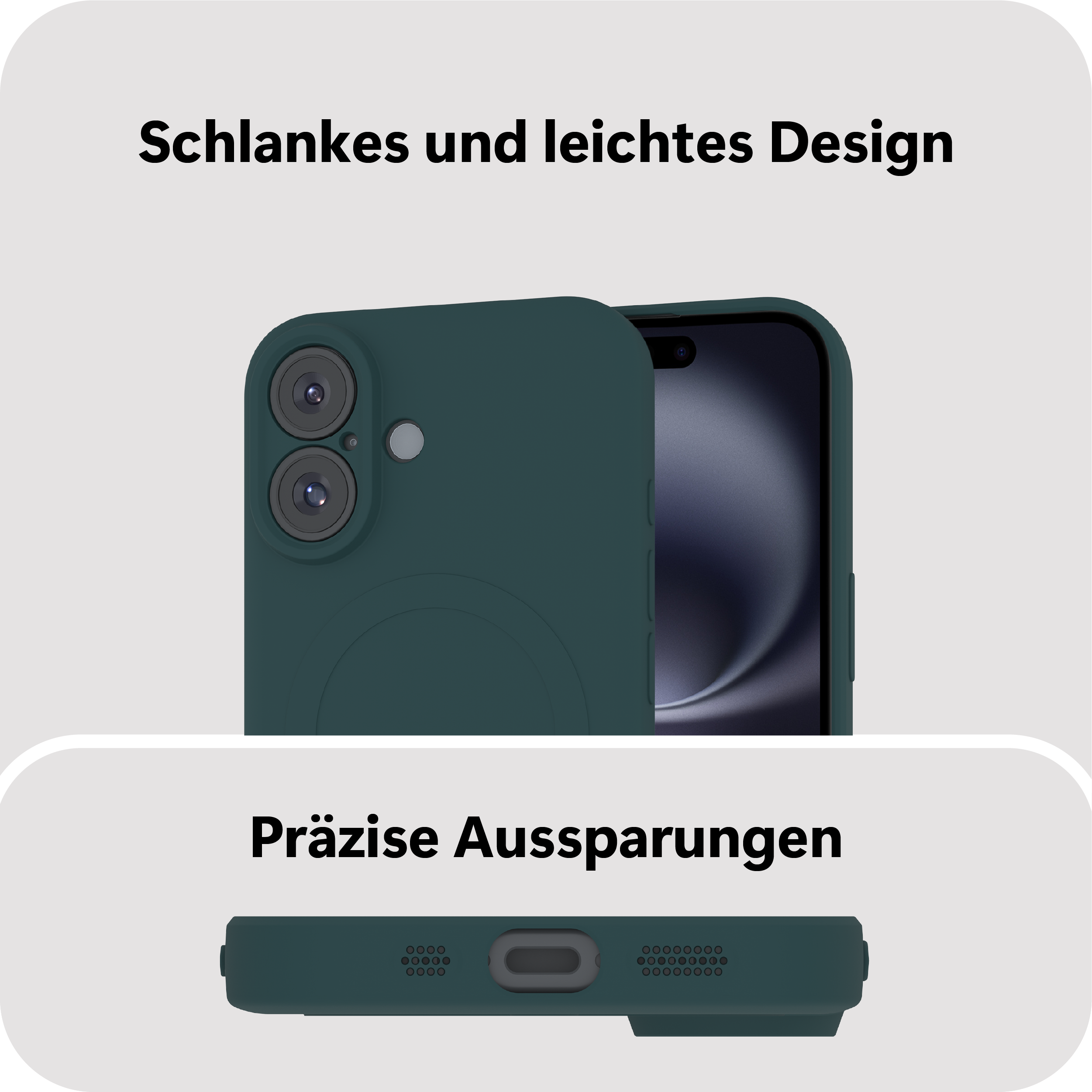 Ein dunkelgrünes Kick Case für das iPhone wird gezeigt, das sein schlankes Design hervorhebt.