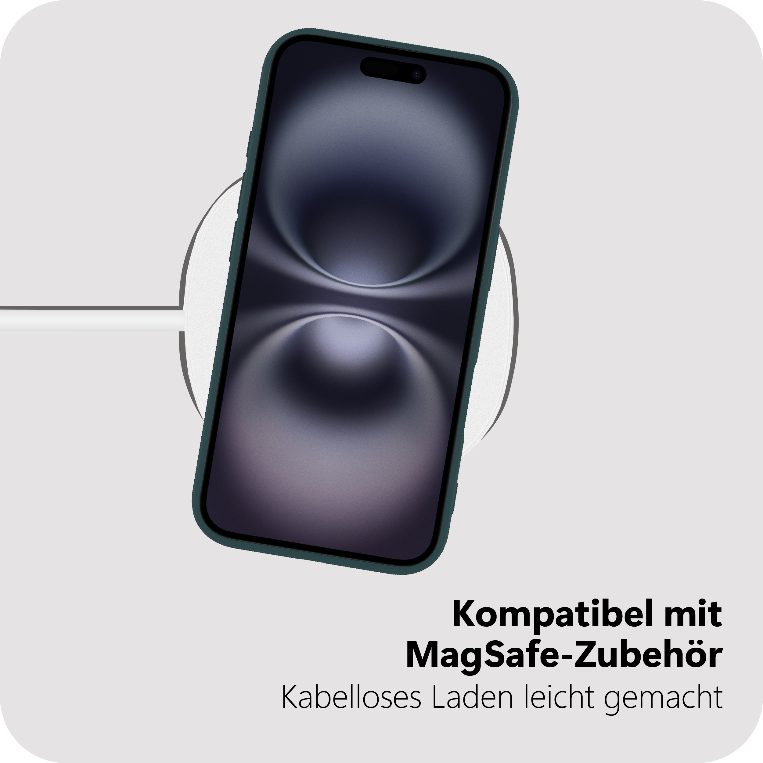 Ein dunkelgrünes Kick Case für das iPhone wird gezeigt, das seine Kompatibilität mit MagSafe hervorhebt.