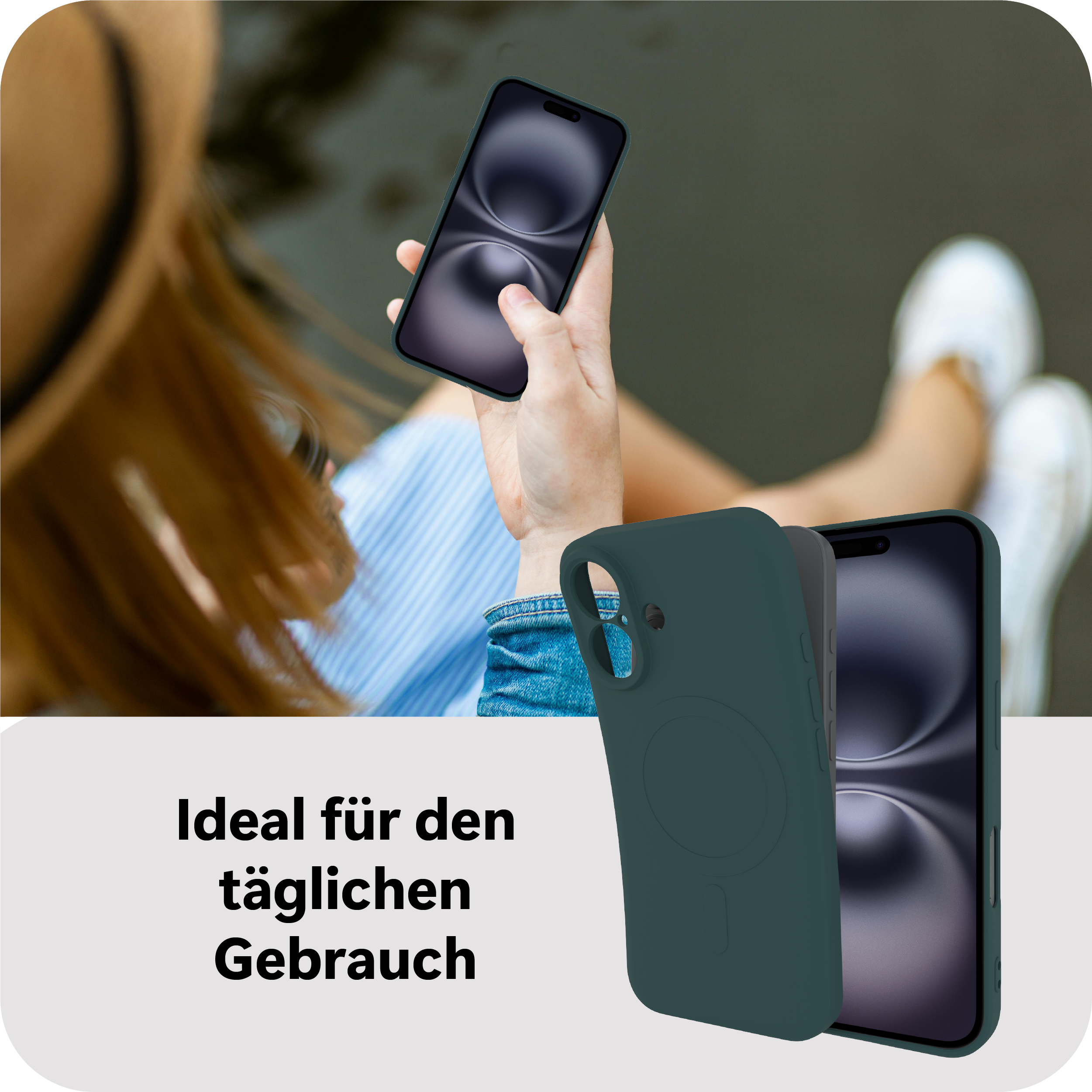 Ein dunkelgrünes Kick Case für das iPhone wird gezeigt, das seine Eignung für den täglichen Gebrauch hervorhebt.