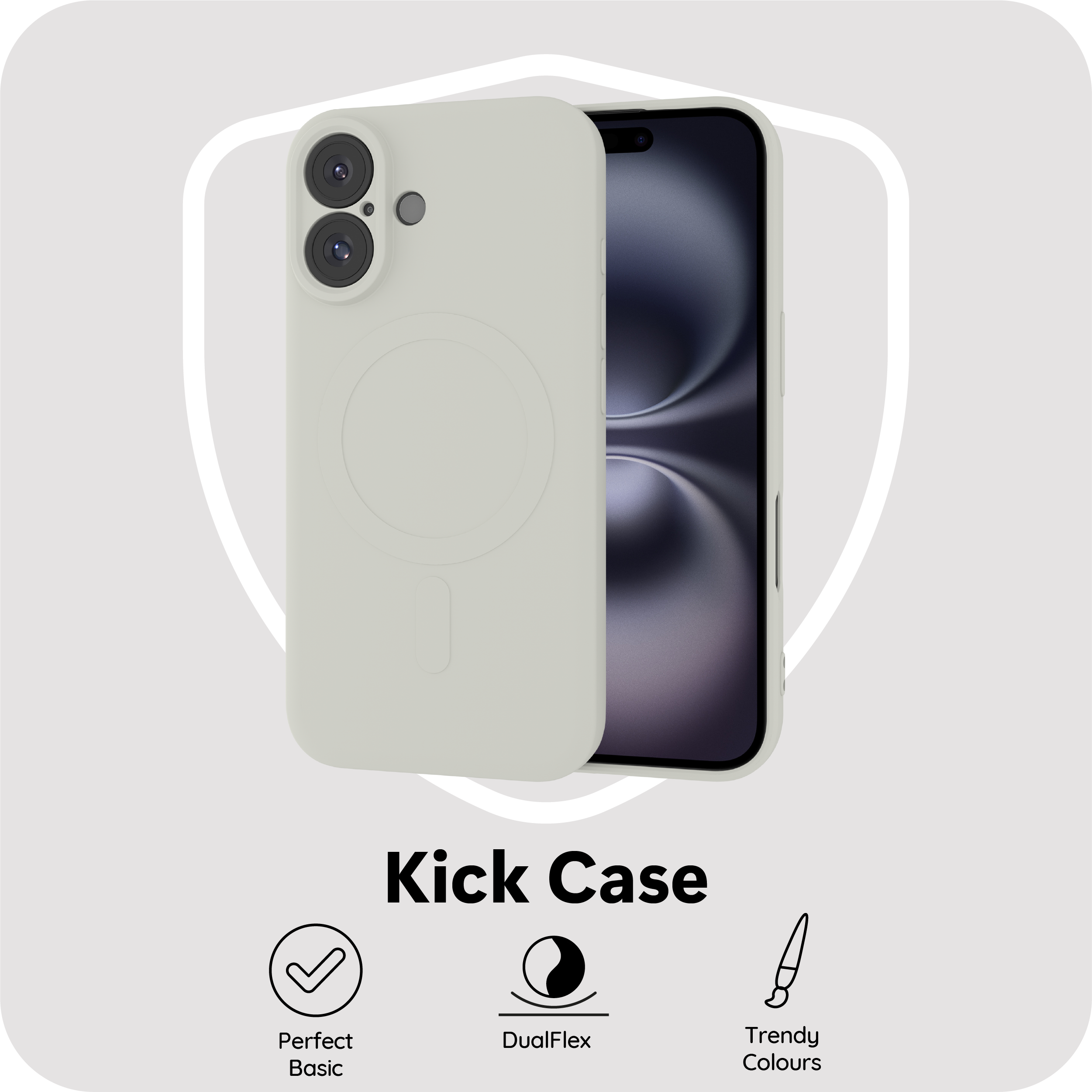 Ein hellgraues Kick Case für das iPhone wird gezeigt, das seine Funktionen und sein Design hervorhebt.
