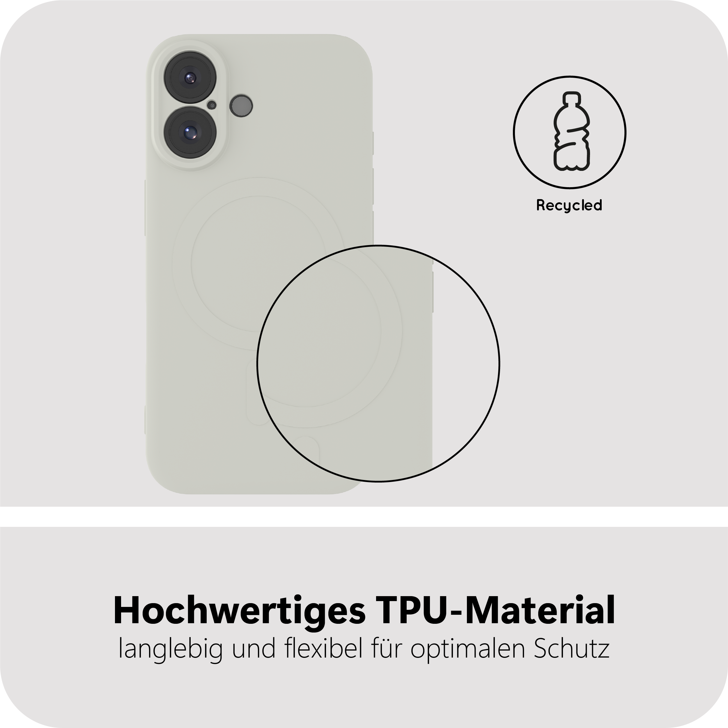 Ein hellgraues Kick Case für das iPhone wird gezeigt, das sein recyceltes TPU-Material hervorhebt.