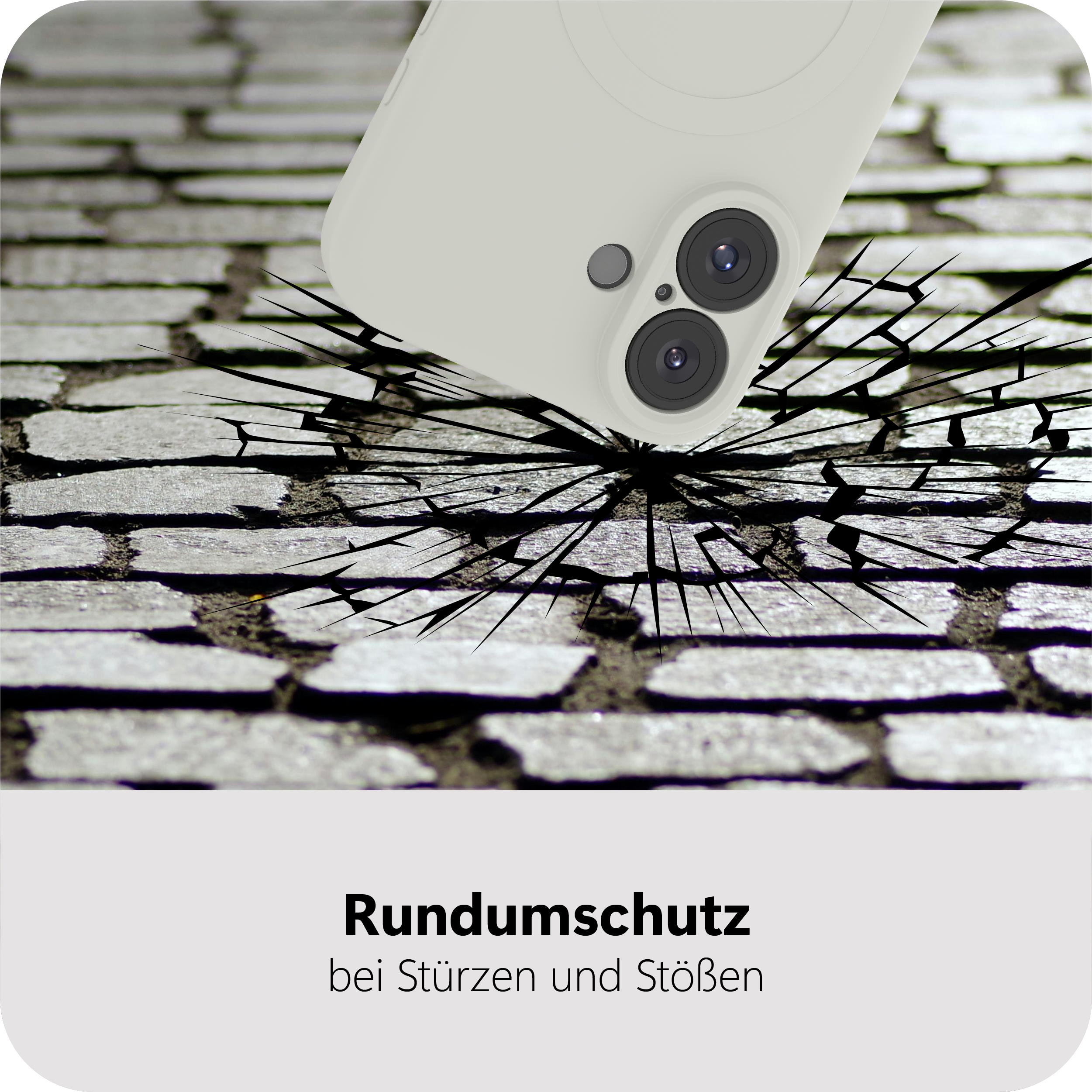 Eine Handyhülle fällt auf eine Pflasteroberfläche.