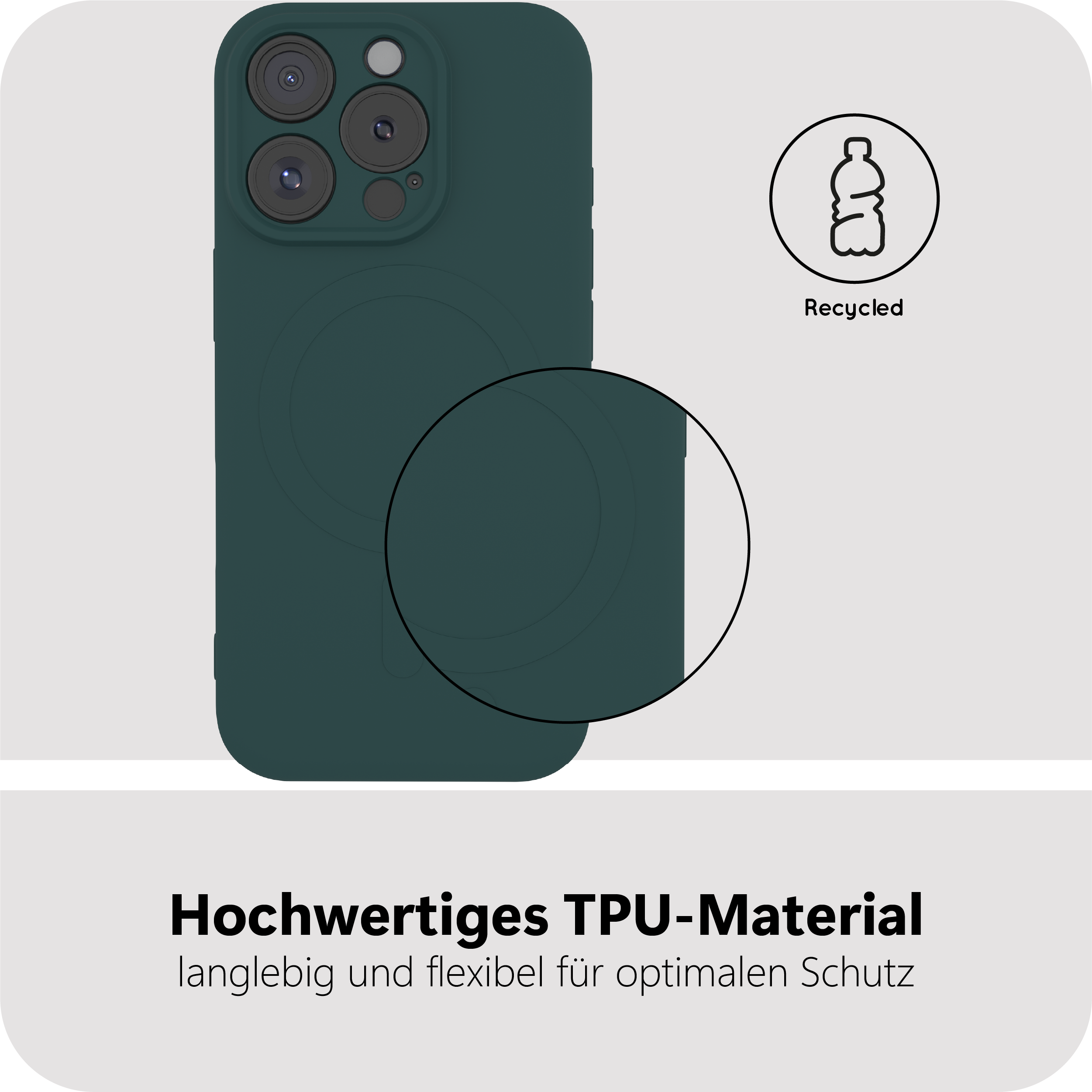 Nahaufnahme einer Handyhülle und des Symbols einer Recycling-Flasche.
