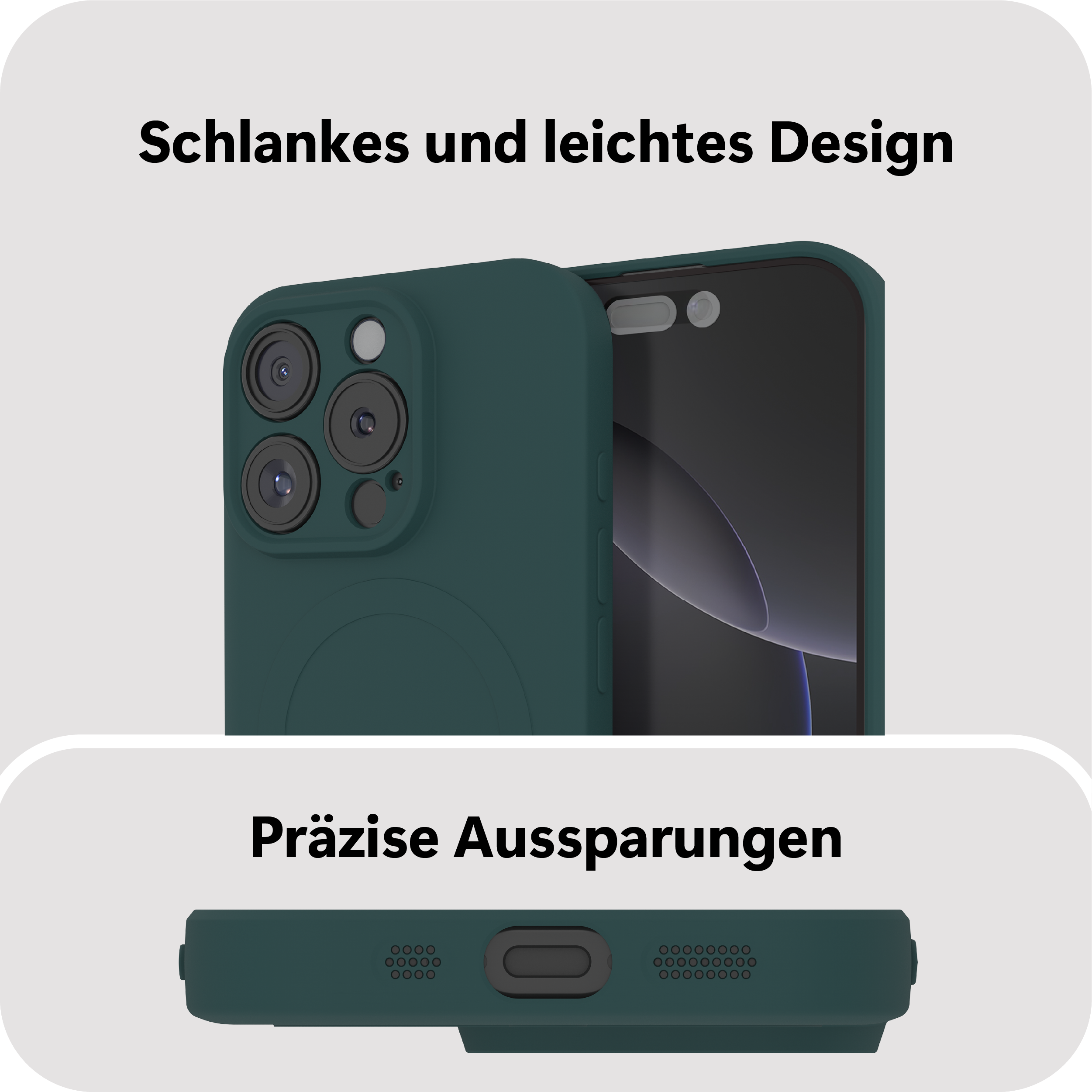 Ein Telefon in einer grünen Hülle, das den Bildschirm und die Details der Hülle zeigt.
