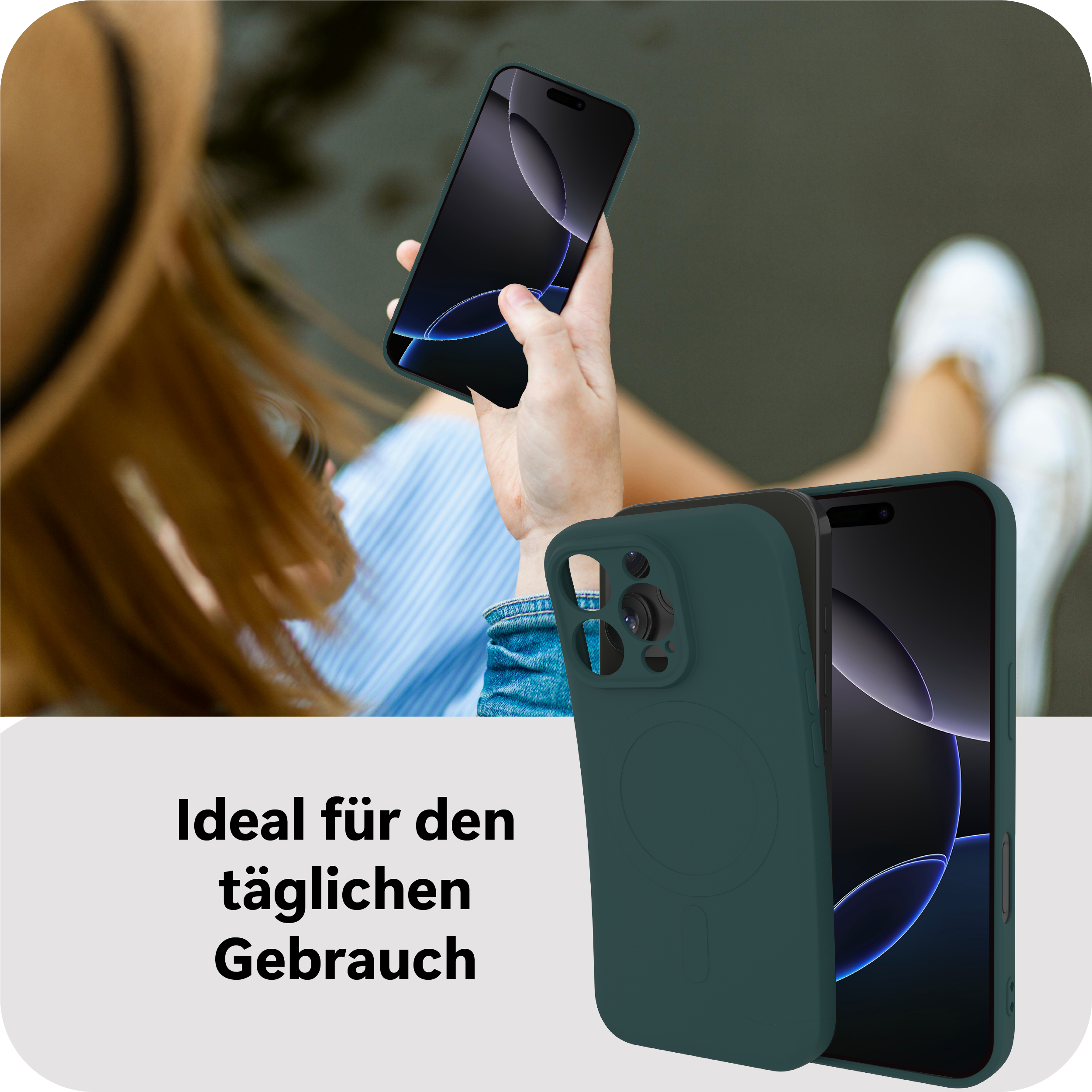 Eine Person hält ein Telefon in einer grünen Hülle neben einem anderen Telefon.
