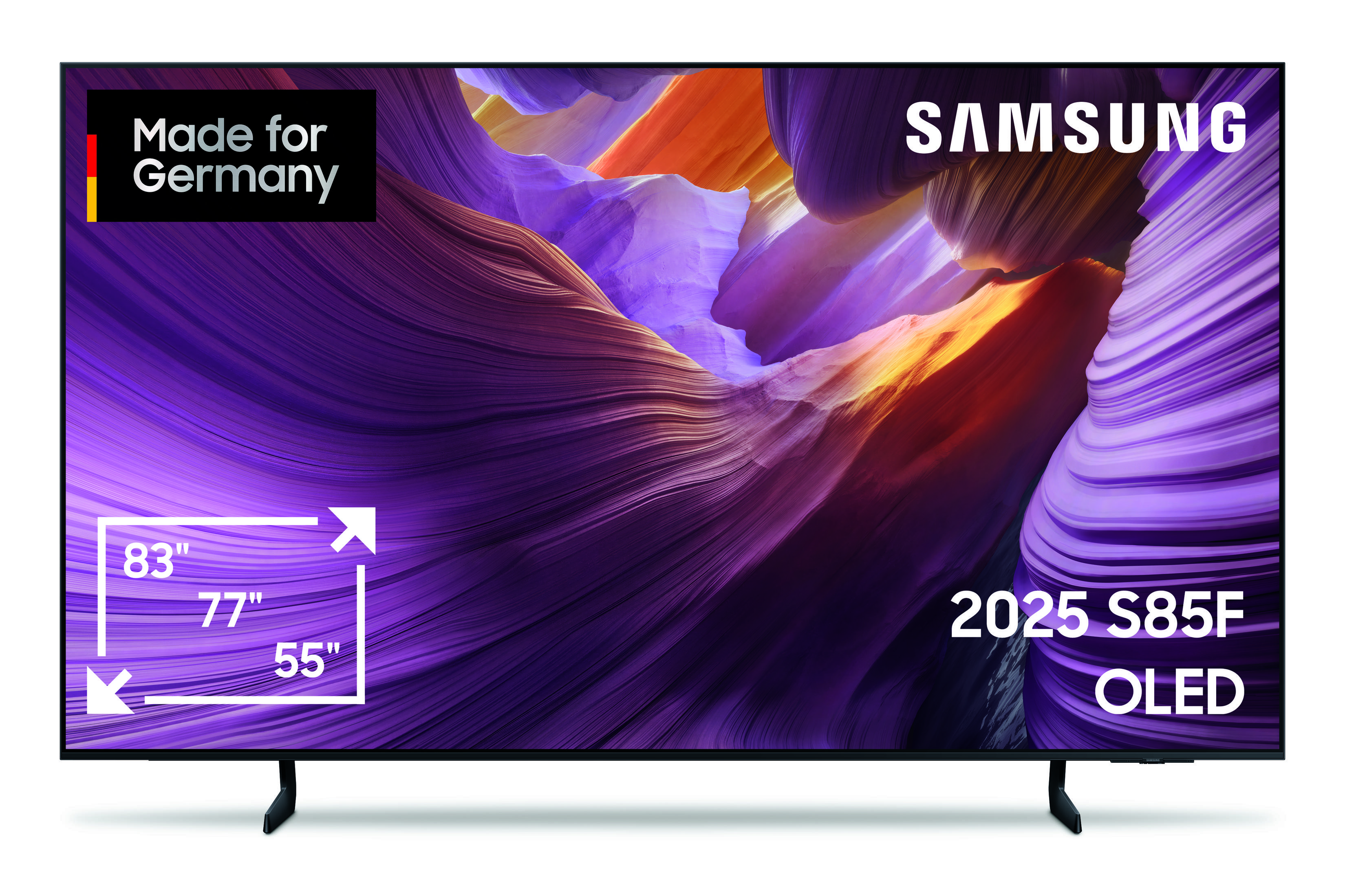 Telewizor OLED Samsung wyświetla kolorowy krajobraz. Ma logo 'Made for Germany'. Wyświetlane są rozmiary 83", 77", 55".