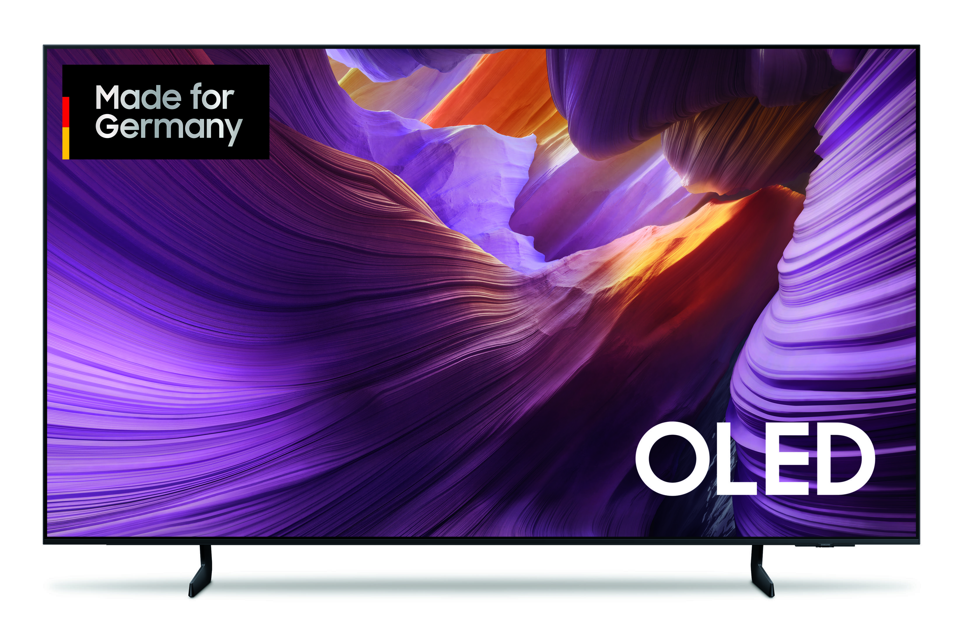 Telewizor z fioletowym i pomarańczowym tłem, Made for Germany i OLED.