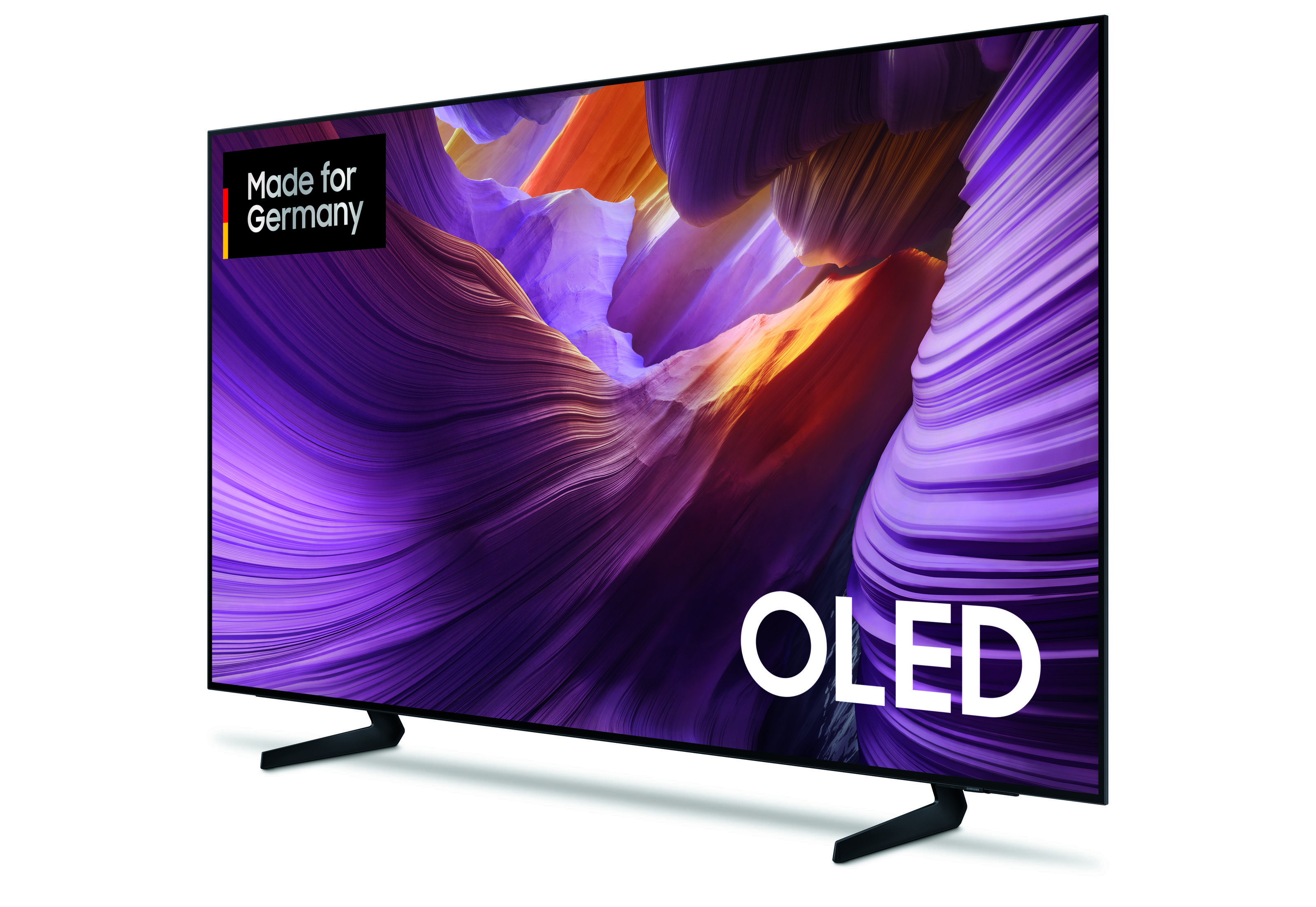 Ein Fernseher mit lila und orangefarbenem abstraktem Hintergrund, Made for Germany und dem Text OLED.