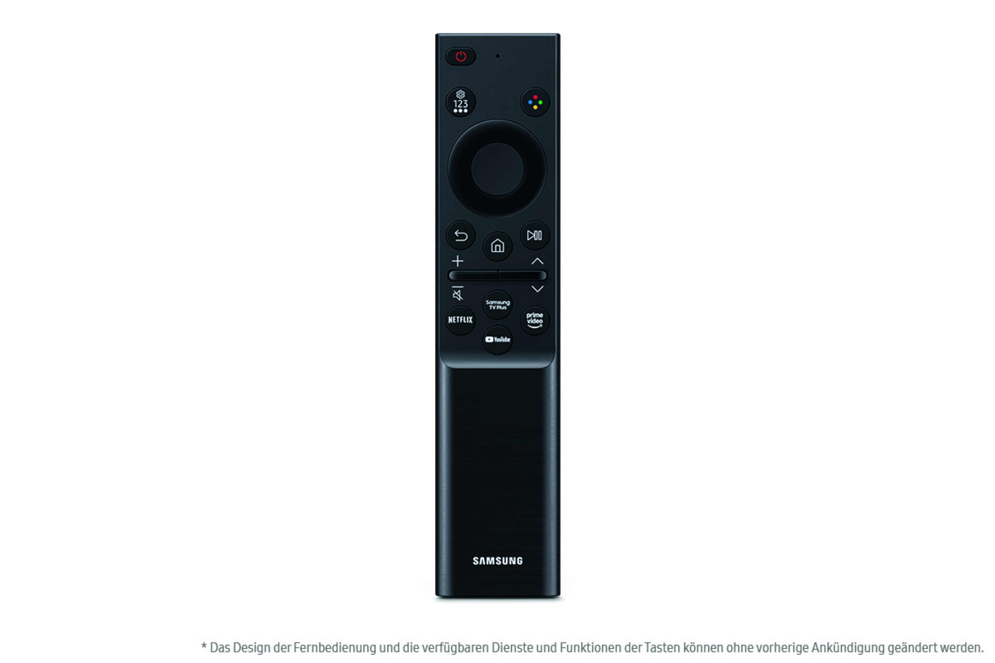 Czarny pilot Samsung, z wieloma przyciskami i logo Samsung na dole.