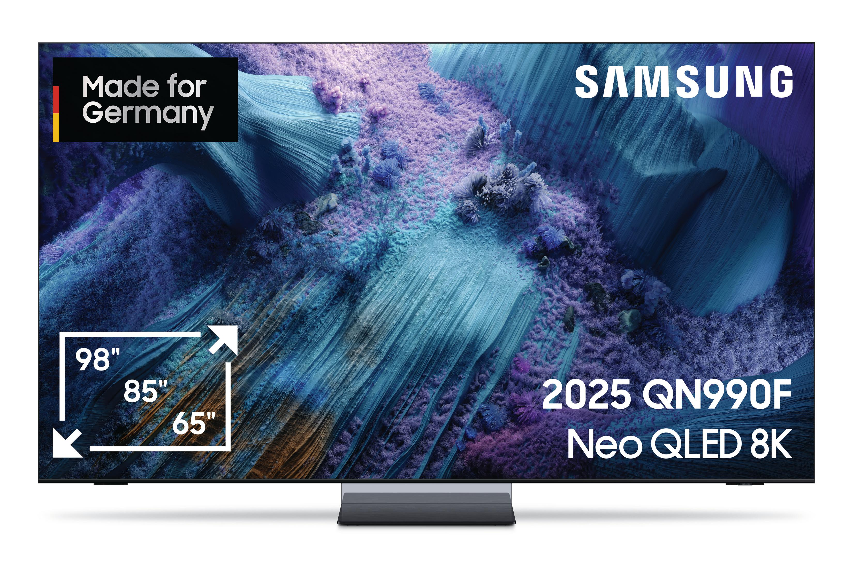 Telewizor Samsung z tekstem 2025 QN990F Neo QLED 8K oraz wymiarami 98", 85" i 65".