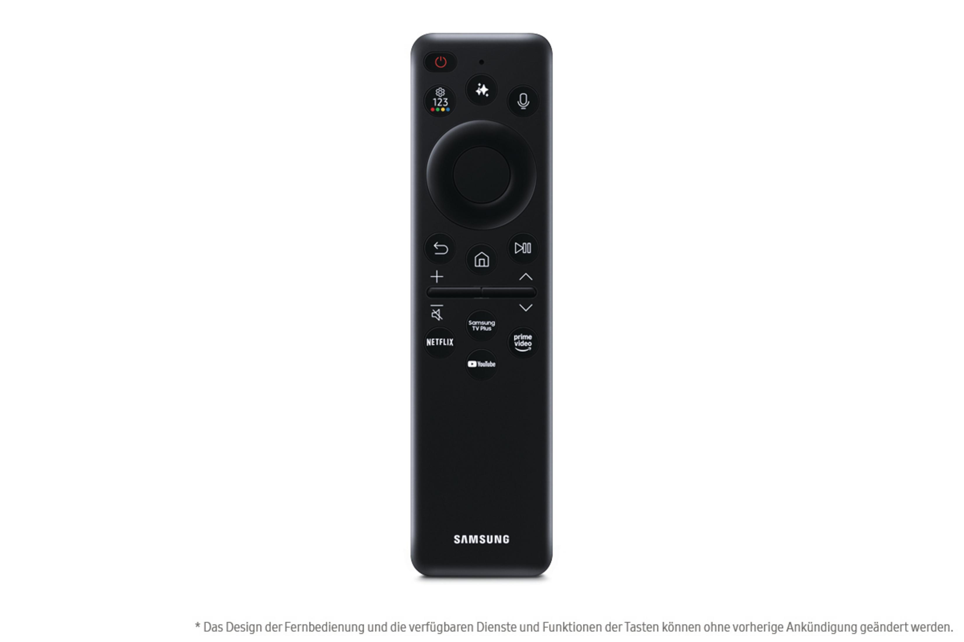 Czarny pilot Samsung, z różnymi przyciskami i logo Samsung na dole.