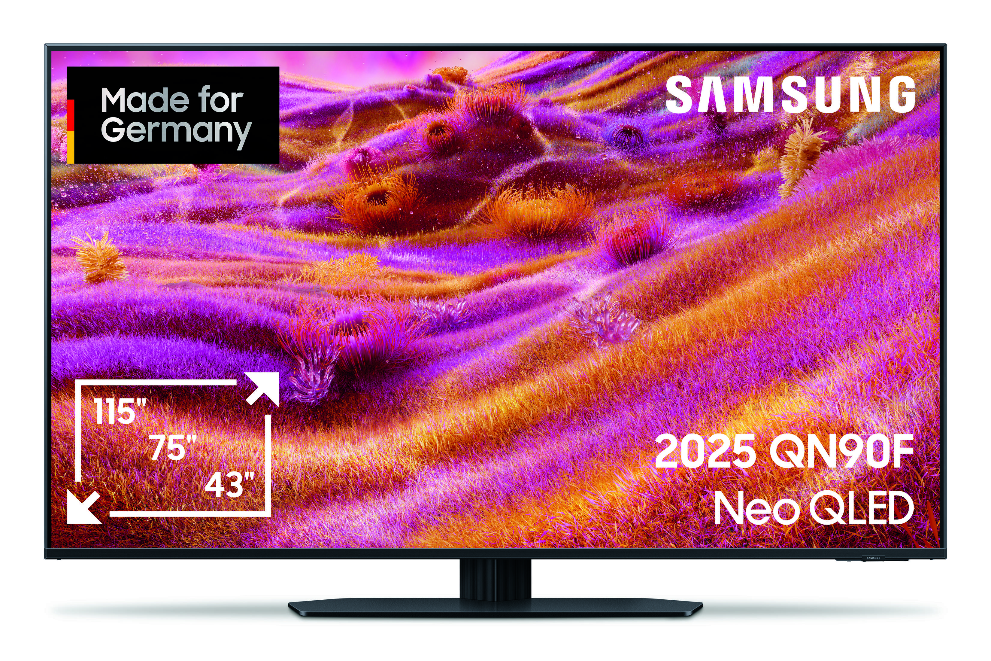 Telewizor Samsung Neo QLED wyświetla kolorowy, abstrakcyjny obraz z napisem „Made for Germany” i wymiarami.