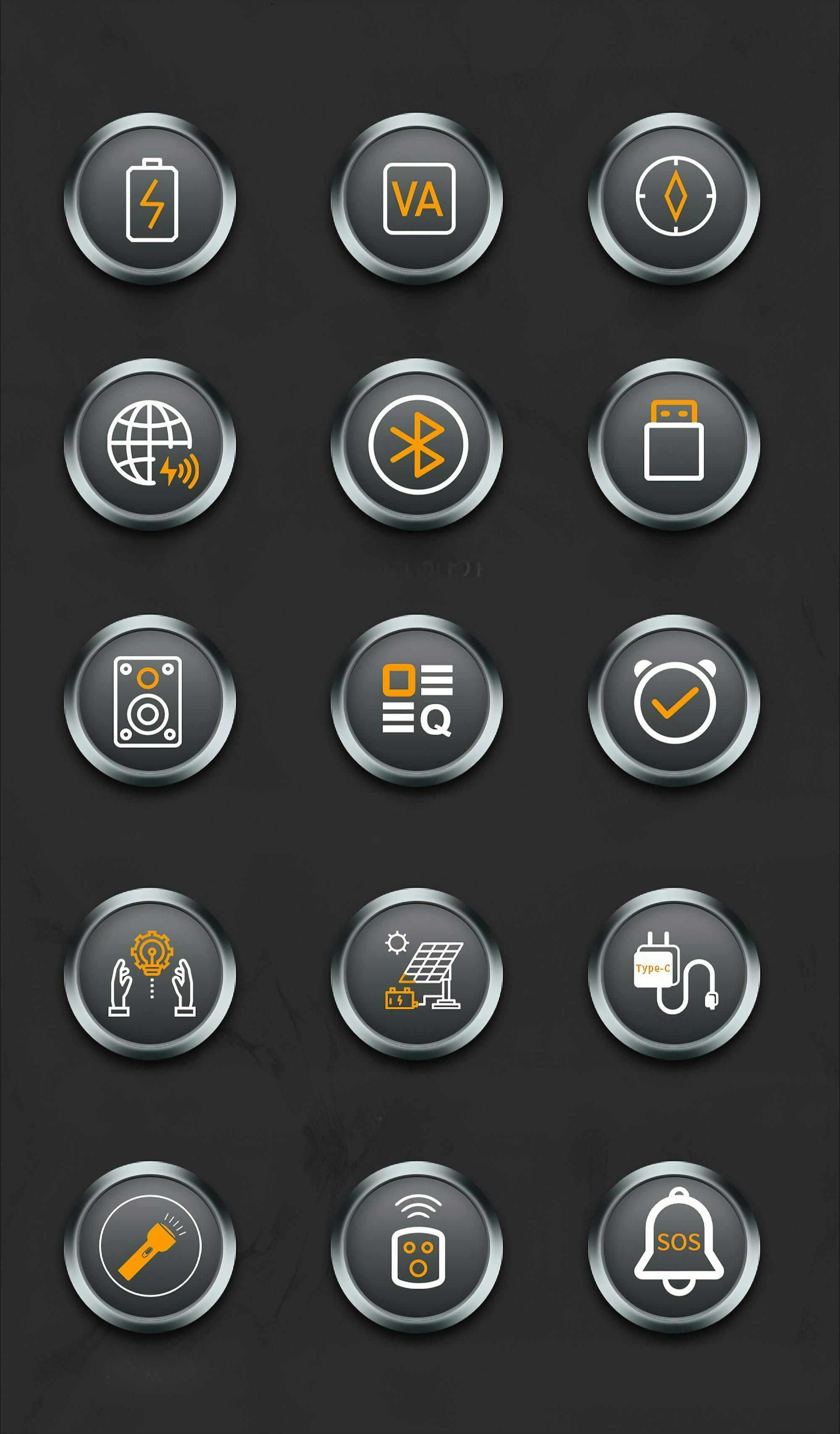 Knöpfe mit Symbolen: Batterie, VA, Kompass, global, Bluetooth, USB, Lautsprecher usw.