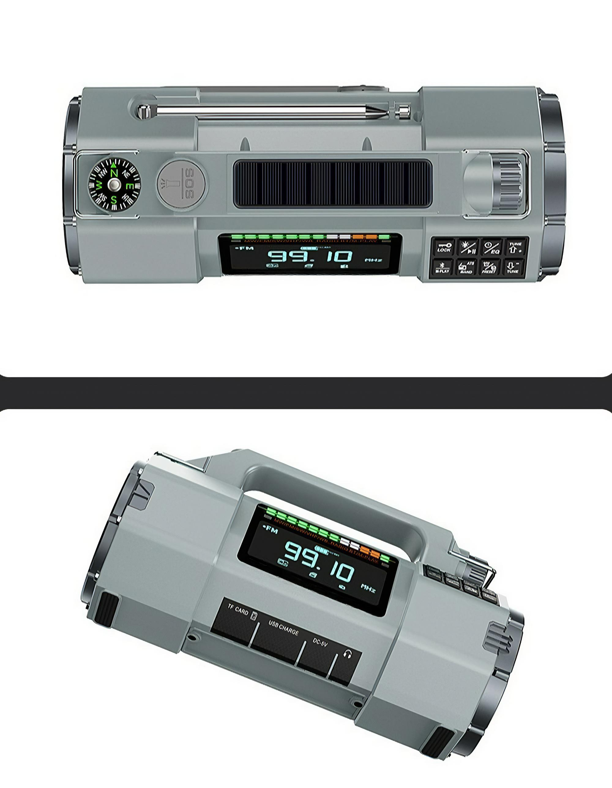 Draufsicht und schräge Ansicht eines grauen Radios mit Digitalanzeige und Knöpfen.