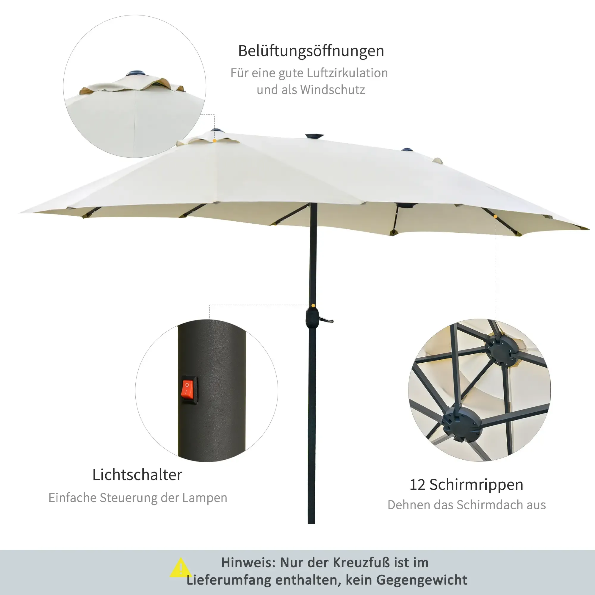 Ein geöffneter, weißer Terrassenschirm auf einer schwarzen Stange wird mit verschiedenen hervorgehobenen Merkmalen dargestellt.