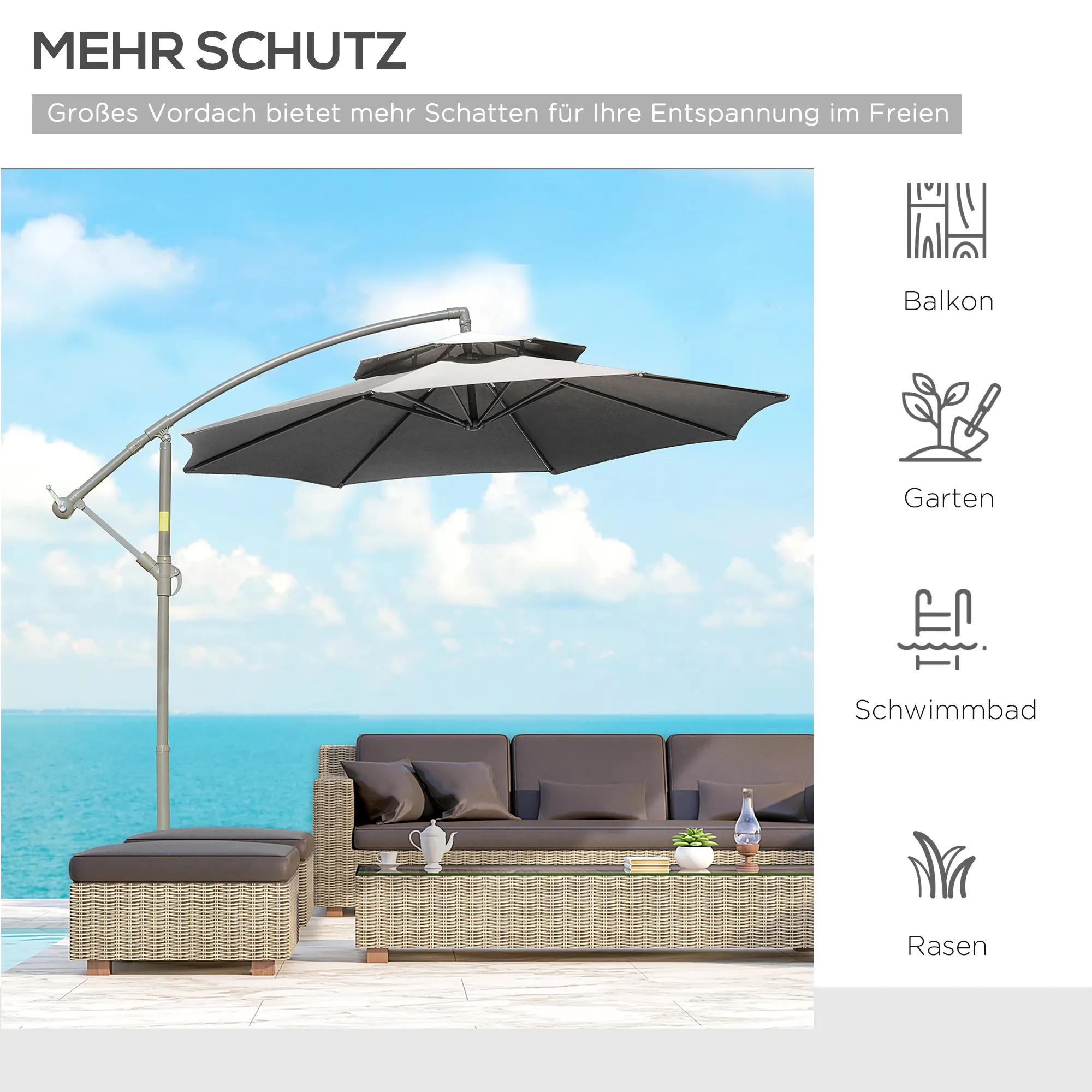 Ein grauer, freitragender Sonnenschirm beschattet Gartenmöbel, mit Symbolen, die darauf hindeuten, dass er für Balkone, Gärten und Pools geeignet ist.
