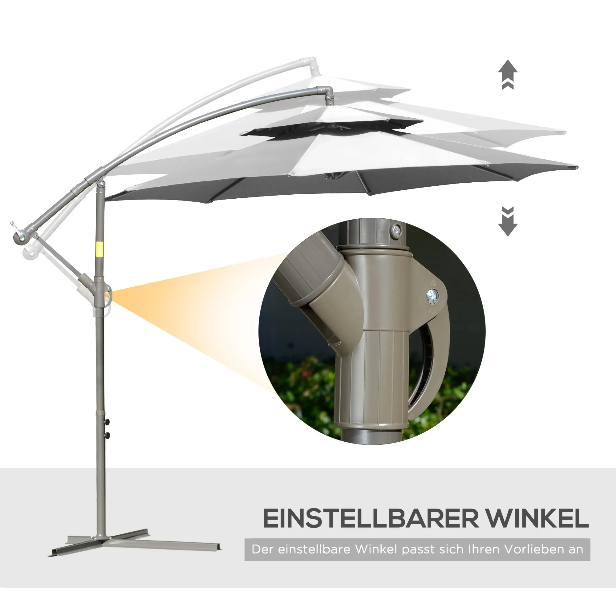 Ein grauer, freitragender Terrassenschirm mit verstellbarem Winkel, illustriert mit Diagrammen und Detailaufnahmen.