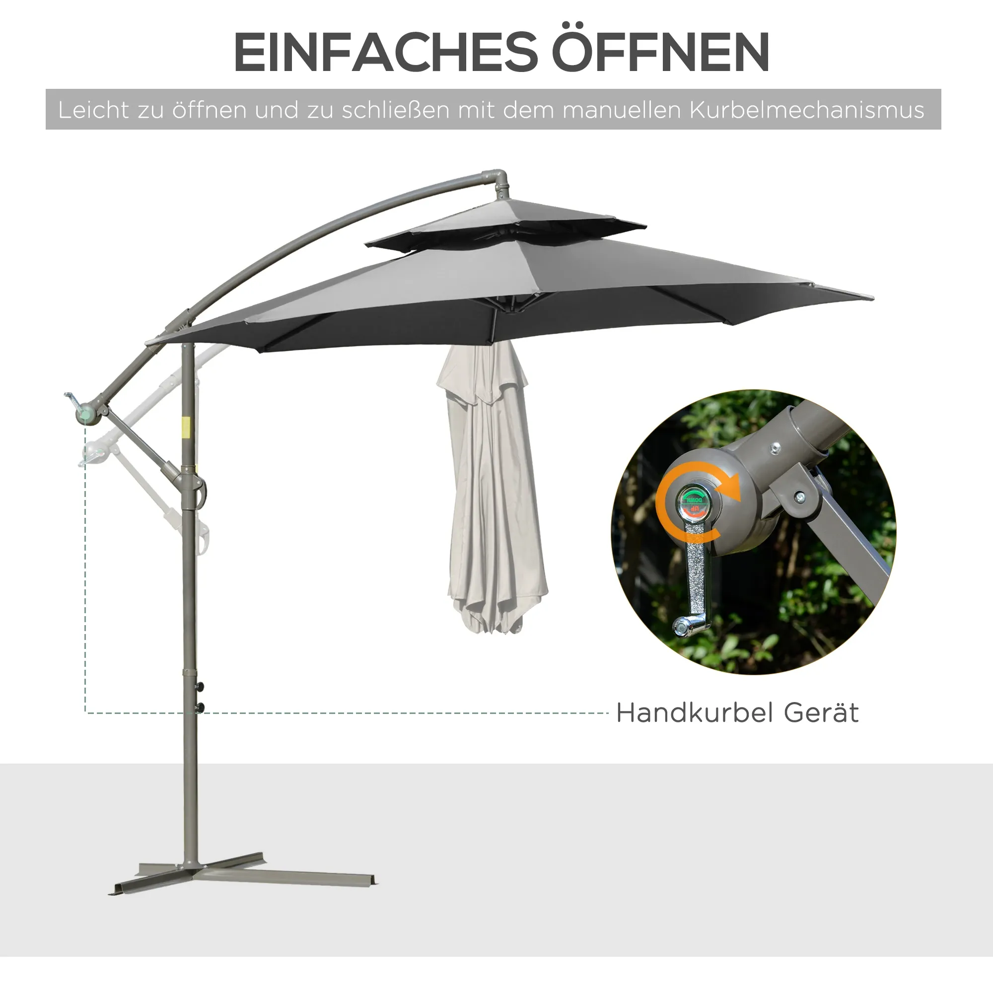 Ein grauer, freitragender Terrassenschirm, der seinen einfachen Öffnungsmechanismus mit einer Handkurbel zeigt.