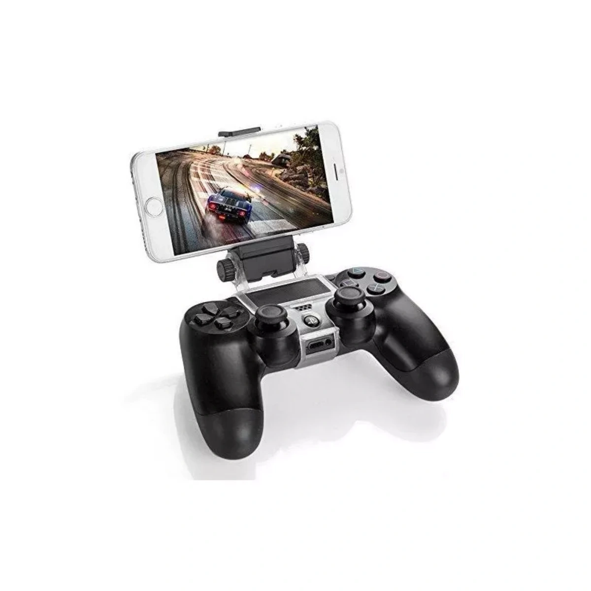 Schwarzer Controller hält ein Telefon, das ein Rennspiel auf weißem Hintergrund anzeigt.
