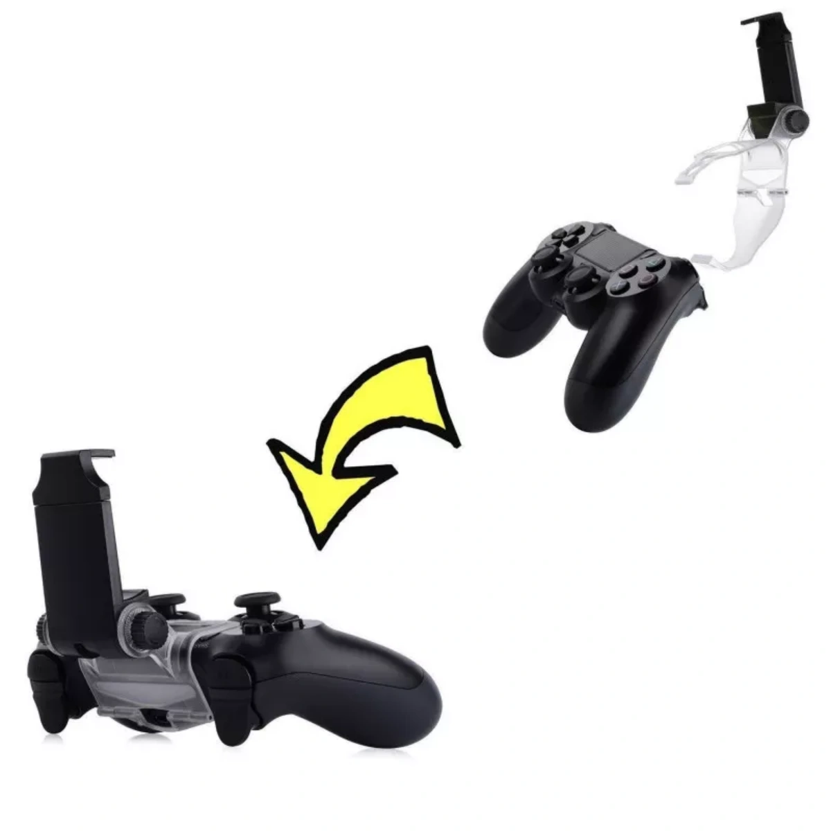 Zwei schwarze Controller, einer zerlegt, der einen Telefonclip zeigt, auf weißem Hintergrund.